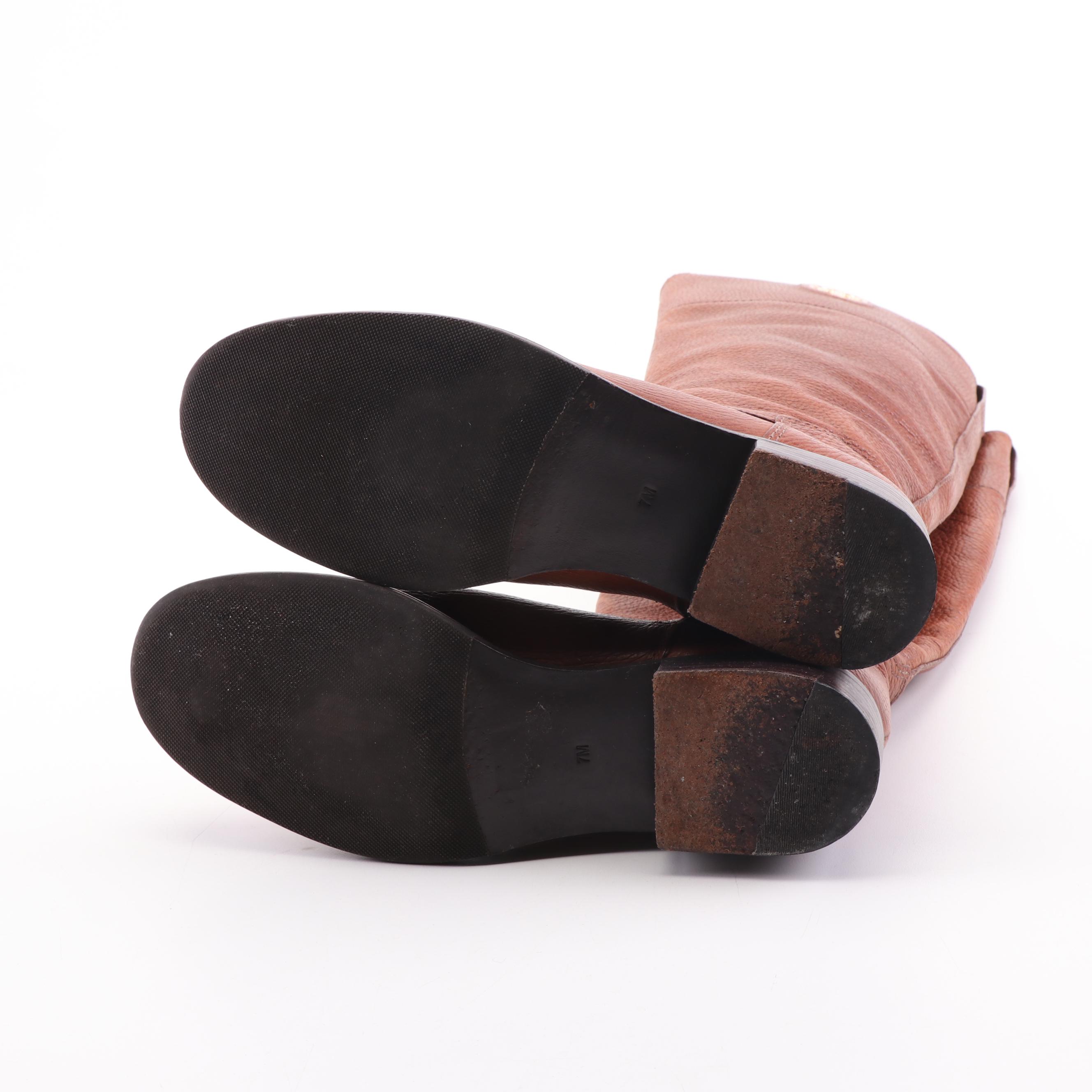 Tory Burch Brown Pebbled Leather Riding Boots with Logo