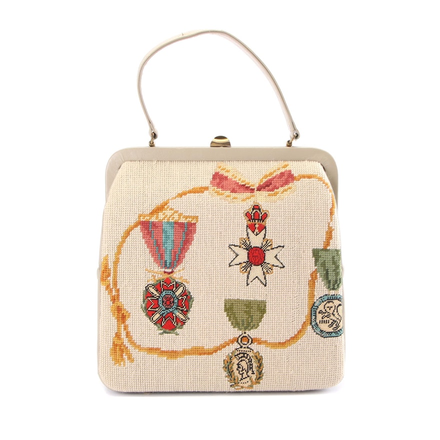 Needlepoint Crown and Medal Motif Shoulder Bag, 1960s Vintage