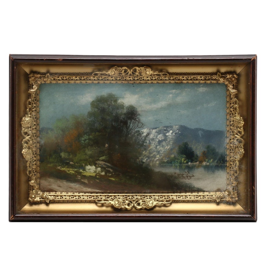 Pastel Landscape Drawing of Mountain Lake