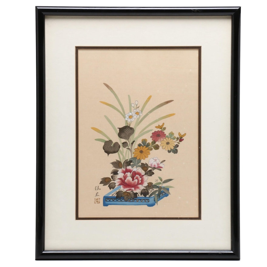Japanese Gouache and Watercolor Painting of Ikebana Floral Arrangement