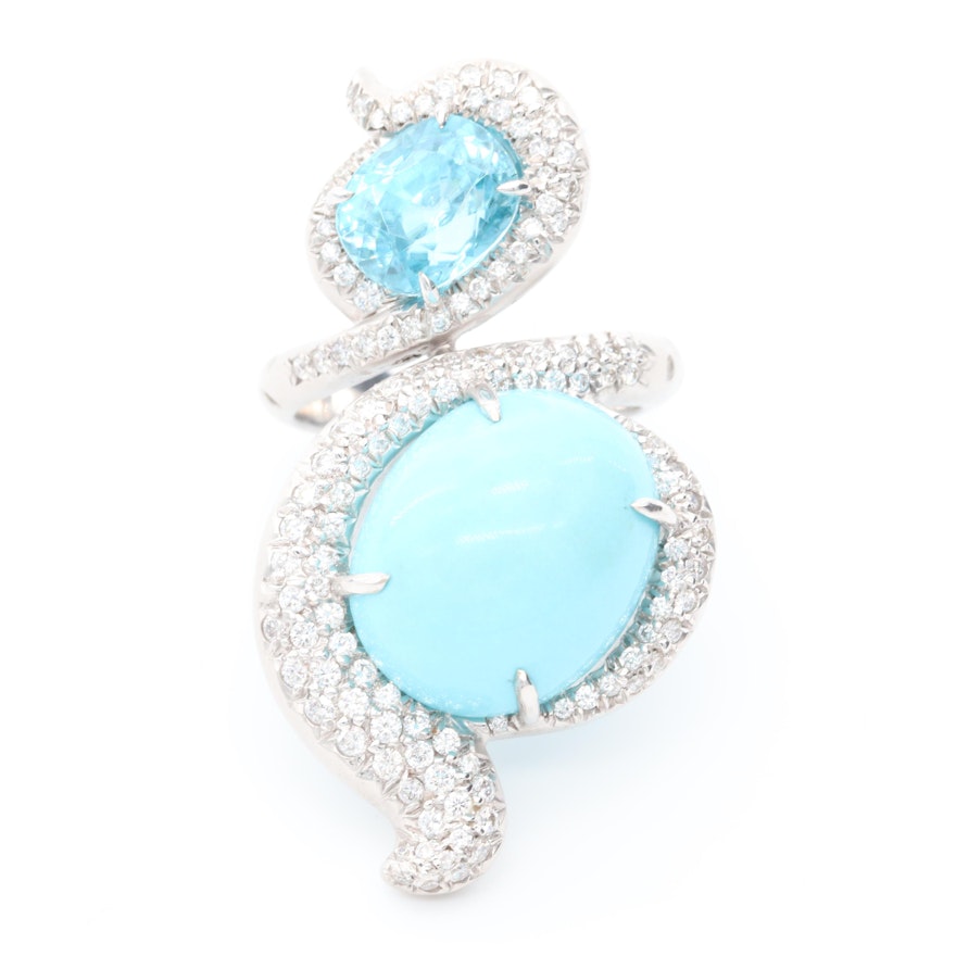 Donald Huber 18K White Gold 1.32 CTW Diamond, Turquoise and Blue Zircon Ring