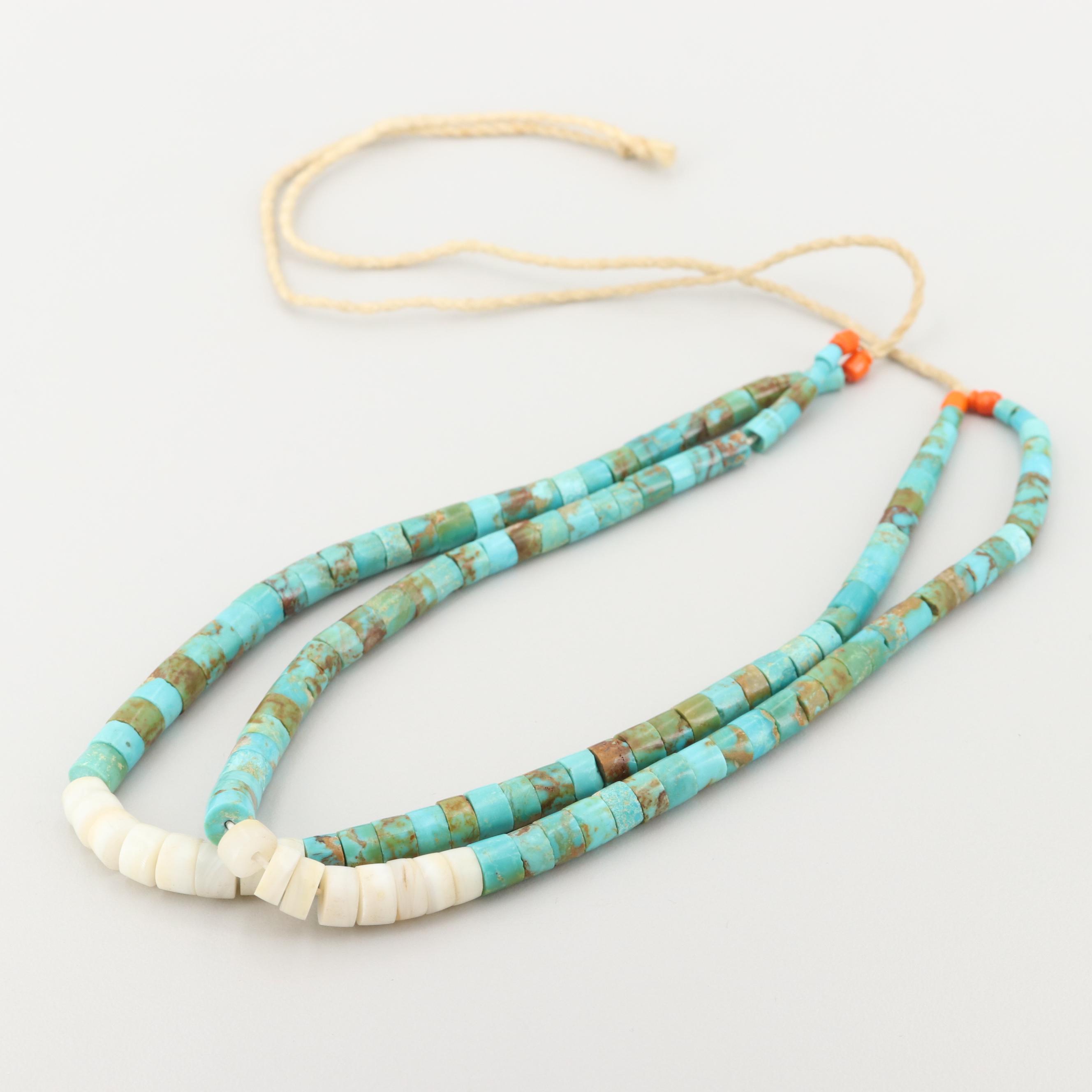 Turquoise and Glass Heishi Style Bead Double Strand Necklace