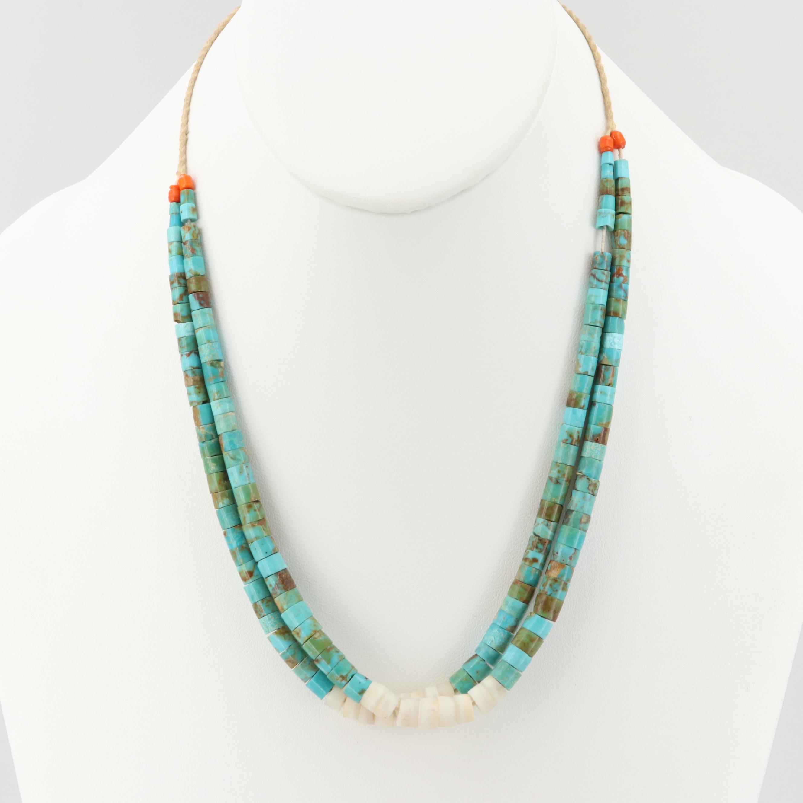 Turquoise and Glass Heishi Style Bead Double Strand Necklace
