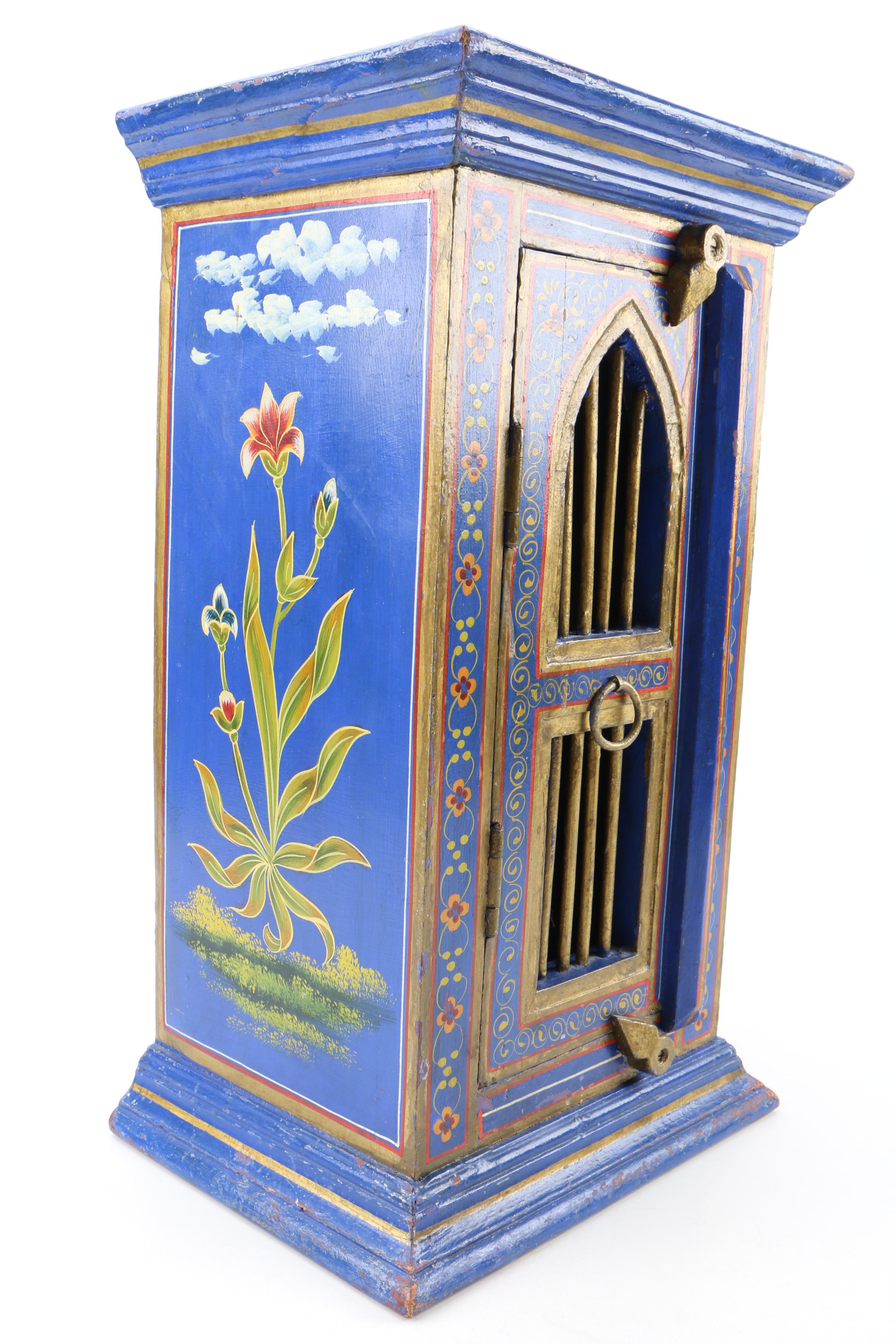 Indian Painted and Parcel-Gilt Hardwood Chairside Cabinet