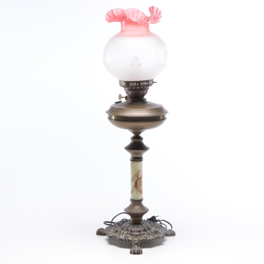 Converted Parlor Oil Lamp with Ruffled Shade and Onyx Body, Antique