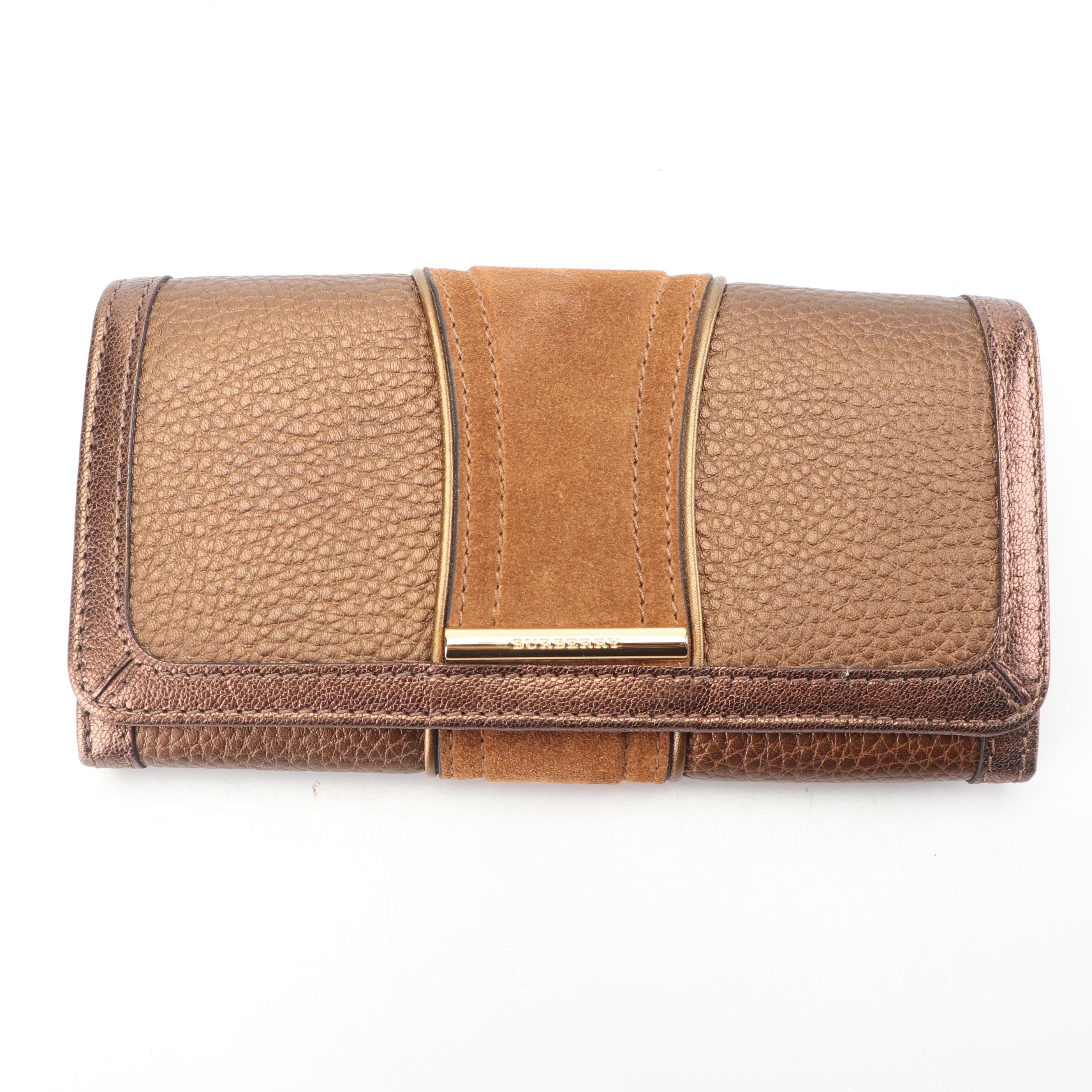 Burberry Bronze Metallic, Pebbled Leather and Suede Bifold Wallet