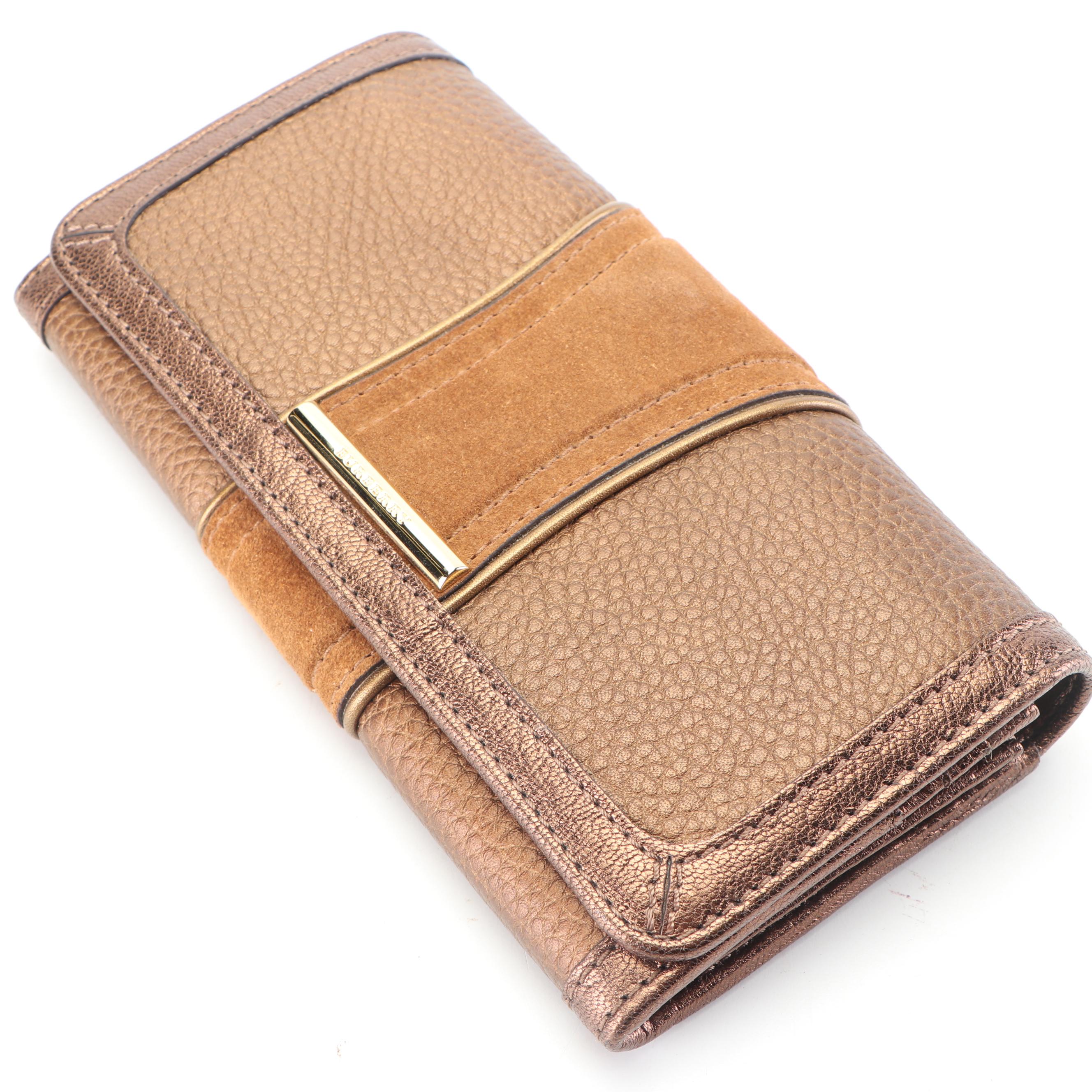 Burberry Bronze Metallic, Pebbled Leather and Suede Bifold Wallet