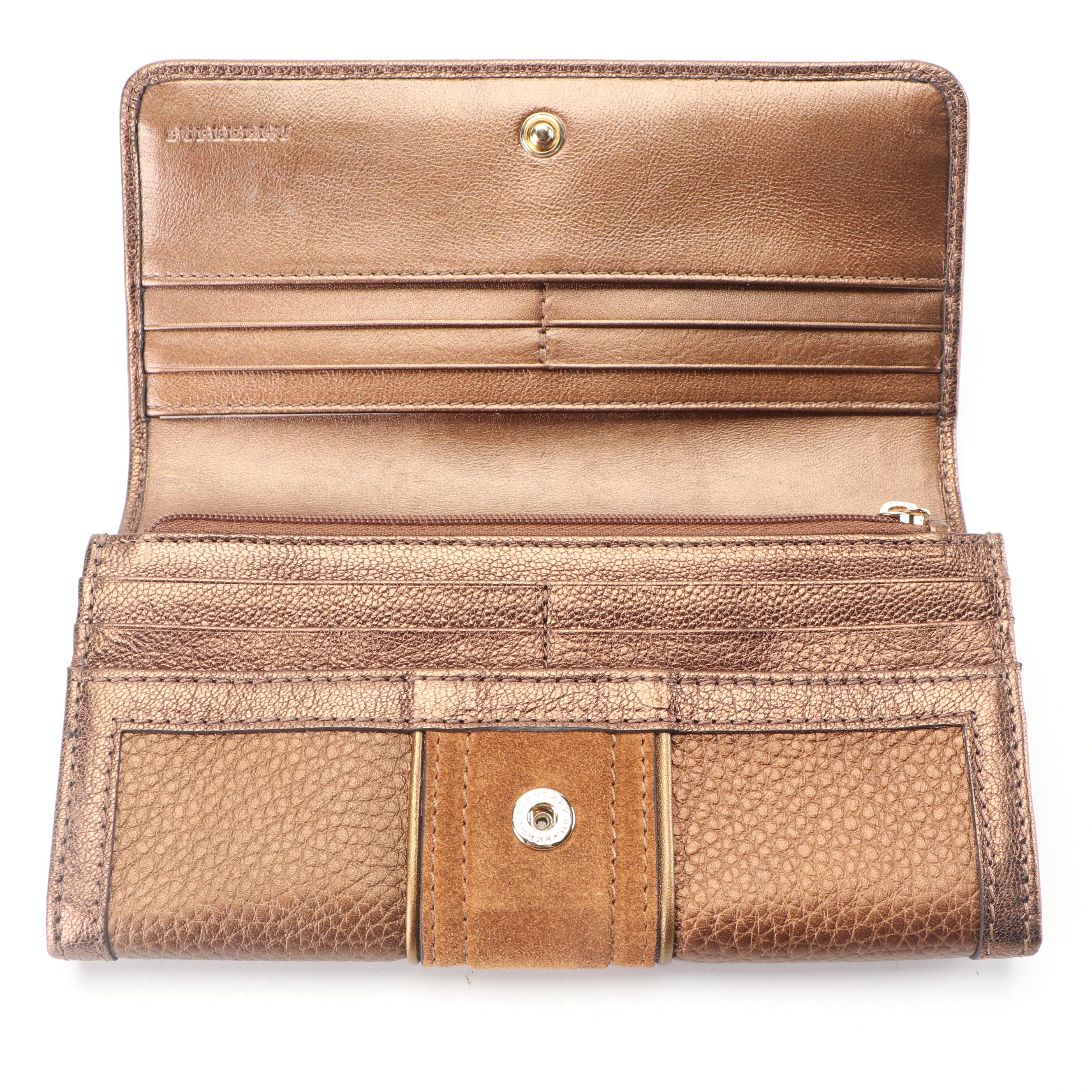 Burberry Bronze Metallic, Pebbled Leather and Suede Bifold Wallet