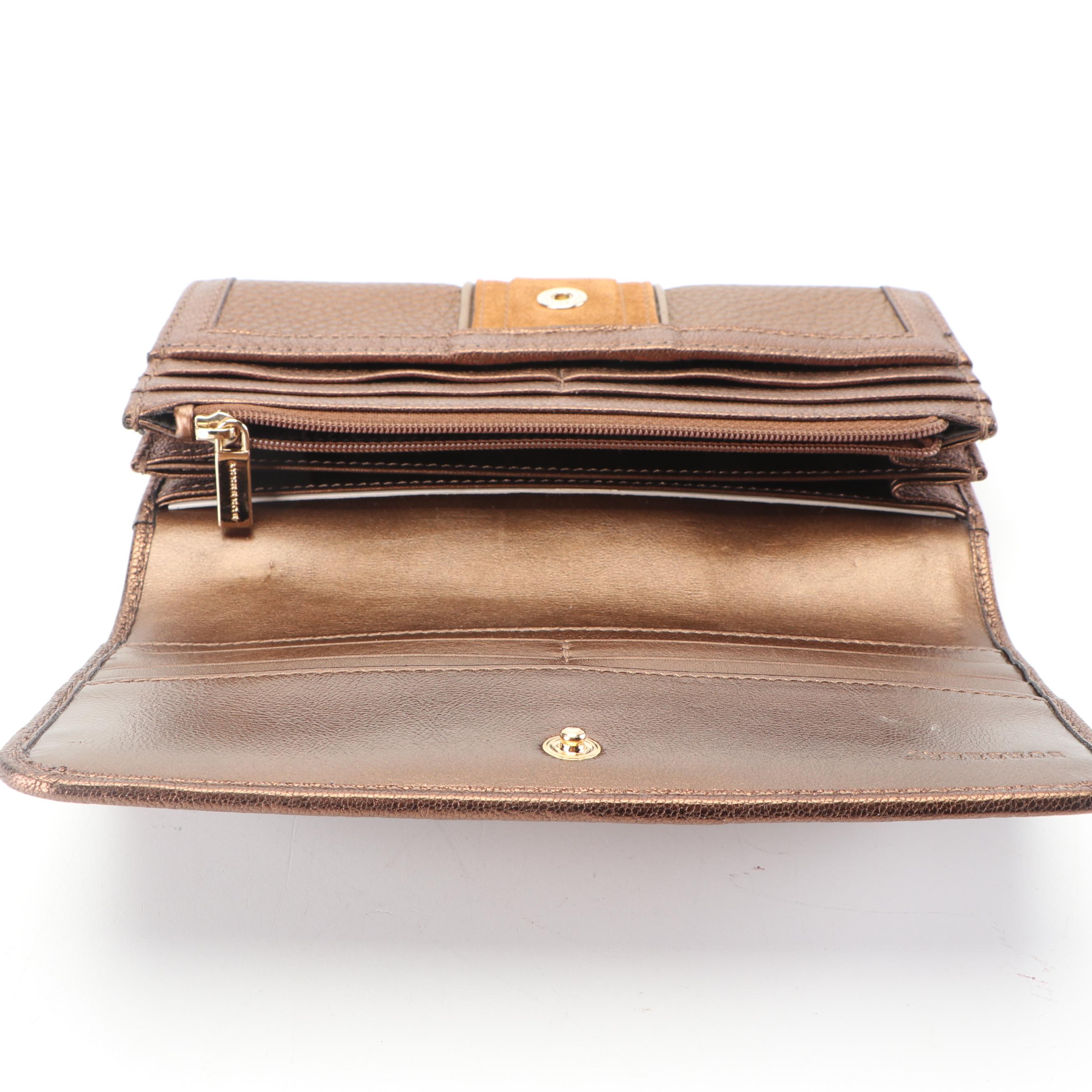 Burberry Bronze Metallic, Pebbled Leather and Suede Bifold Wallet