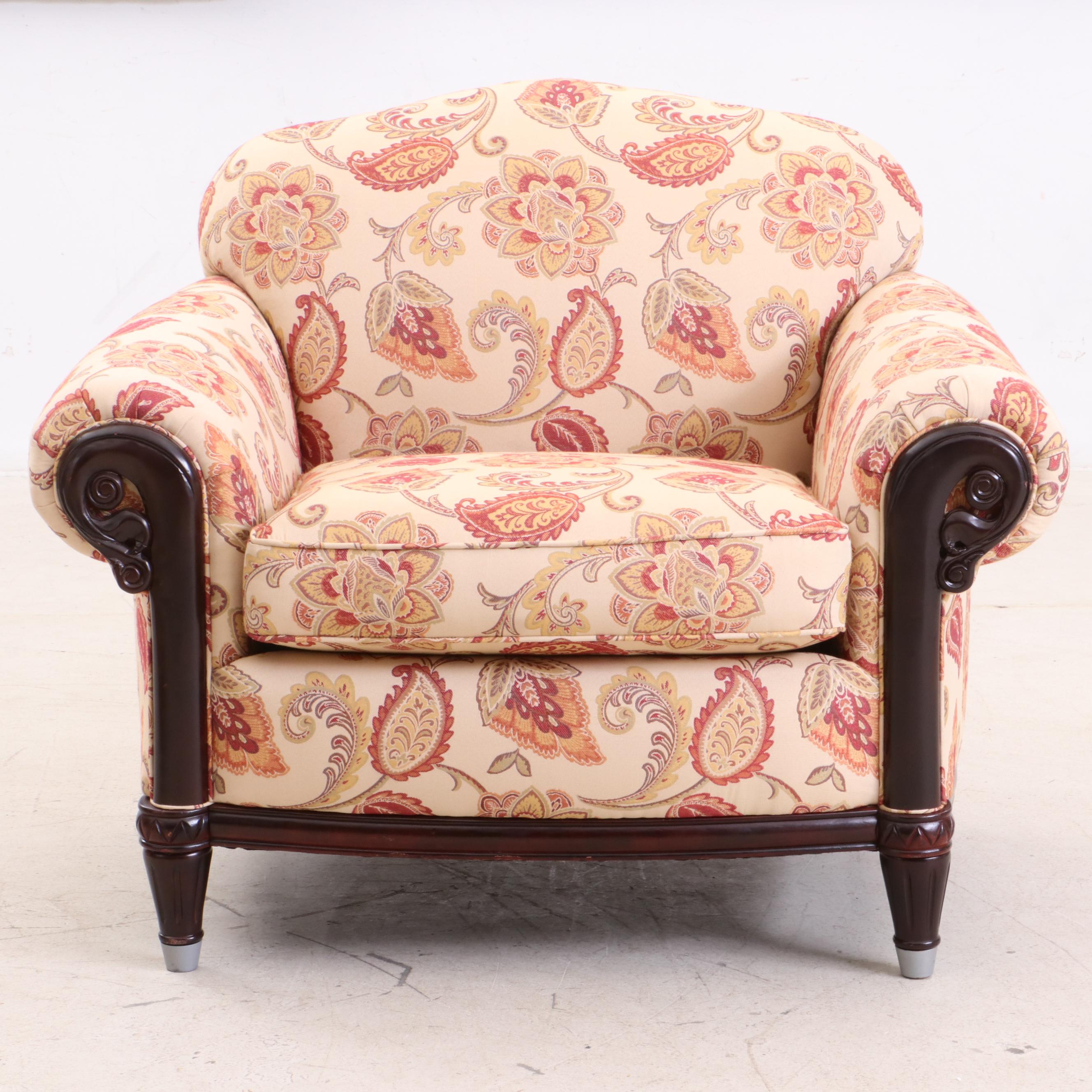 Contemporary Paisley and Floral Upholstered Arm Chair with Ottoman