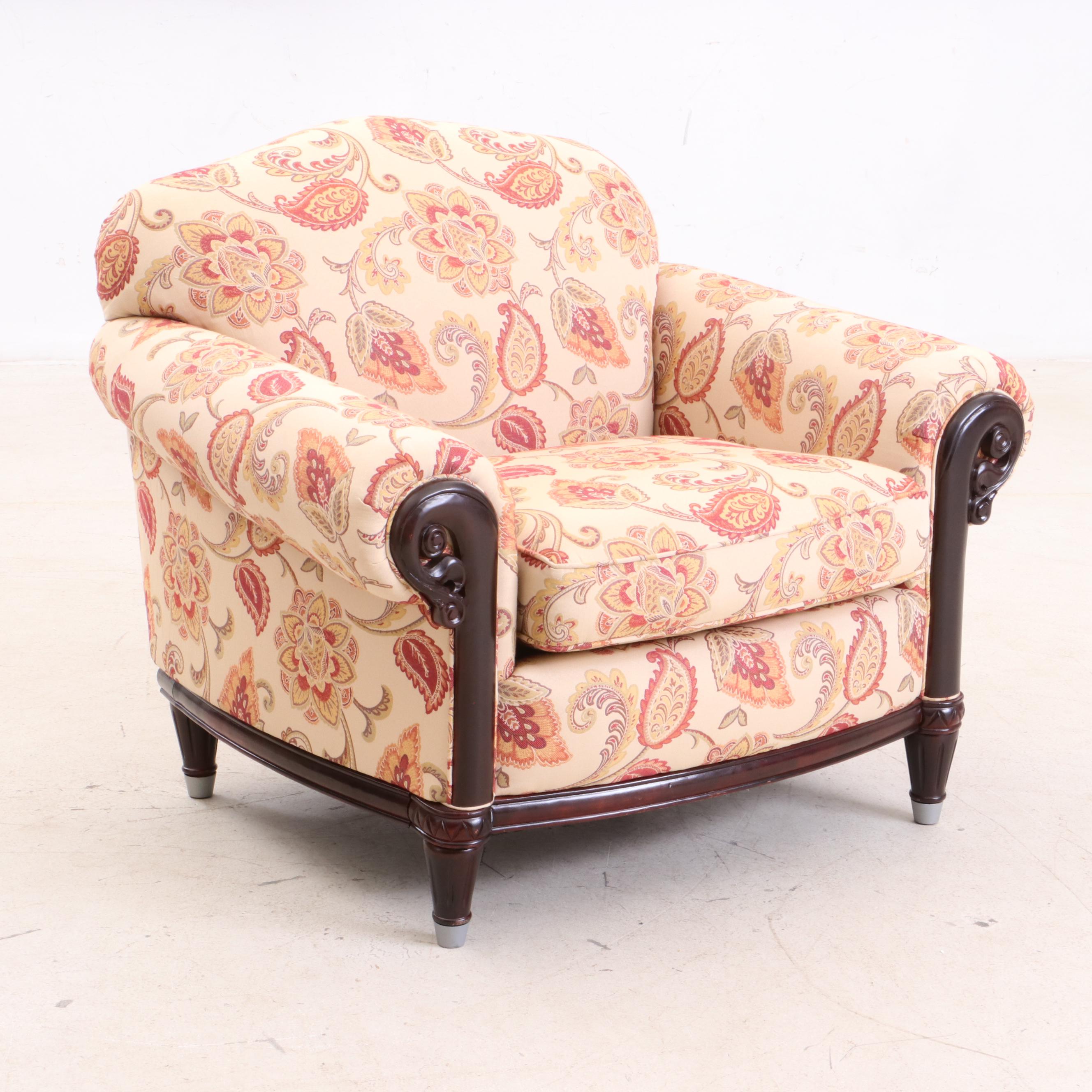 Contemporary Paisley and Floral Upholstered Arm Chair with Ottoman