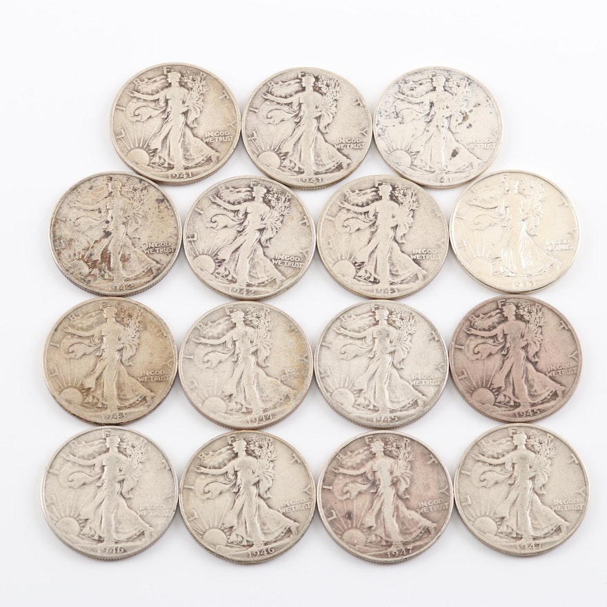 Fifteen Walking Liberty Silver Half Dollar Coins