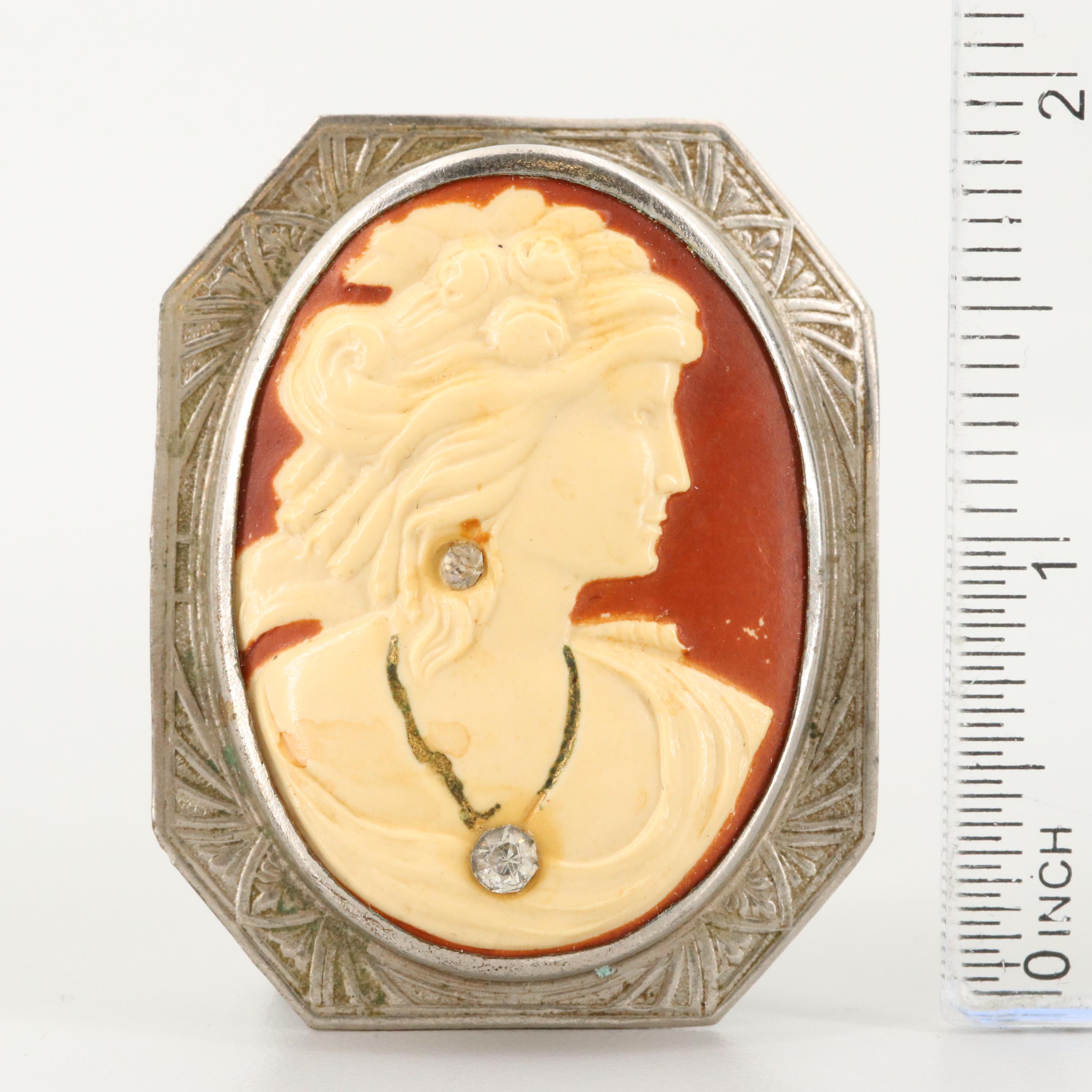 Vintage Brooches and Ribbon Including Damascene and Habillé Cameo