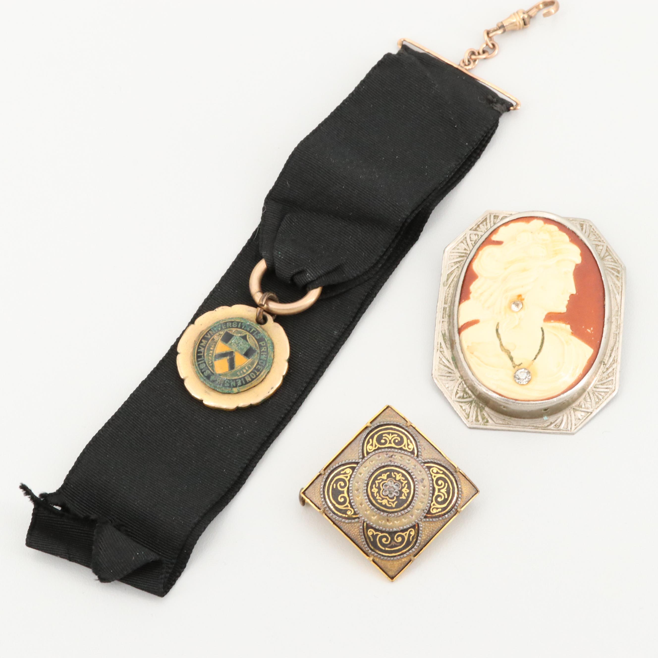 Vintage Brooches and Ribbon Including Damascene and Habillé Cameo