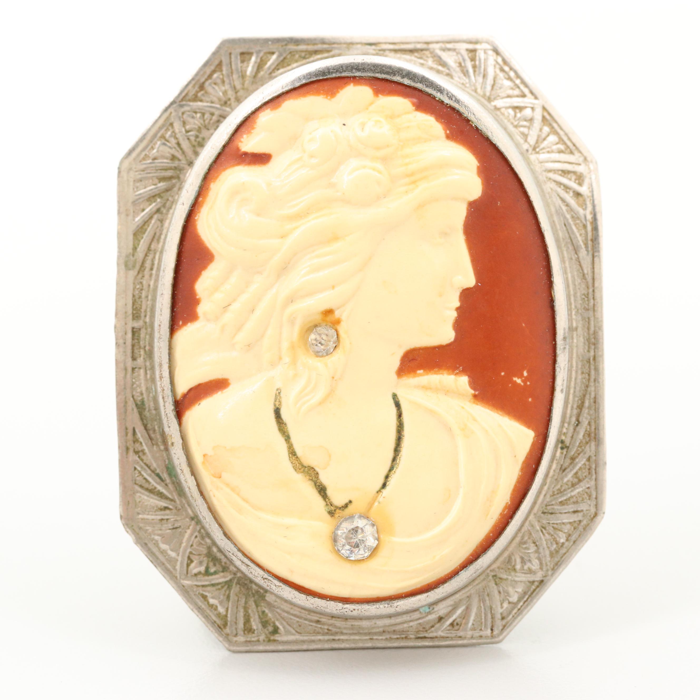 Vintage Brooches and Ribbon Including Damascene and Habillé Cameo