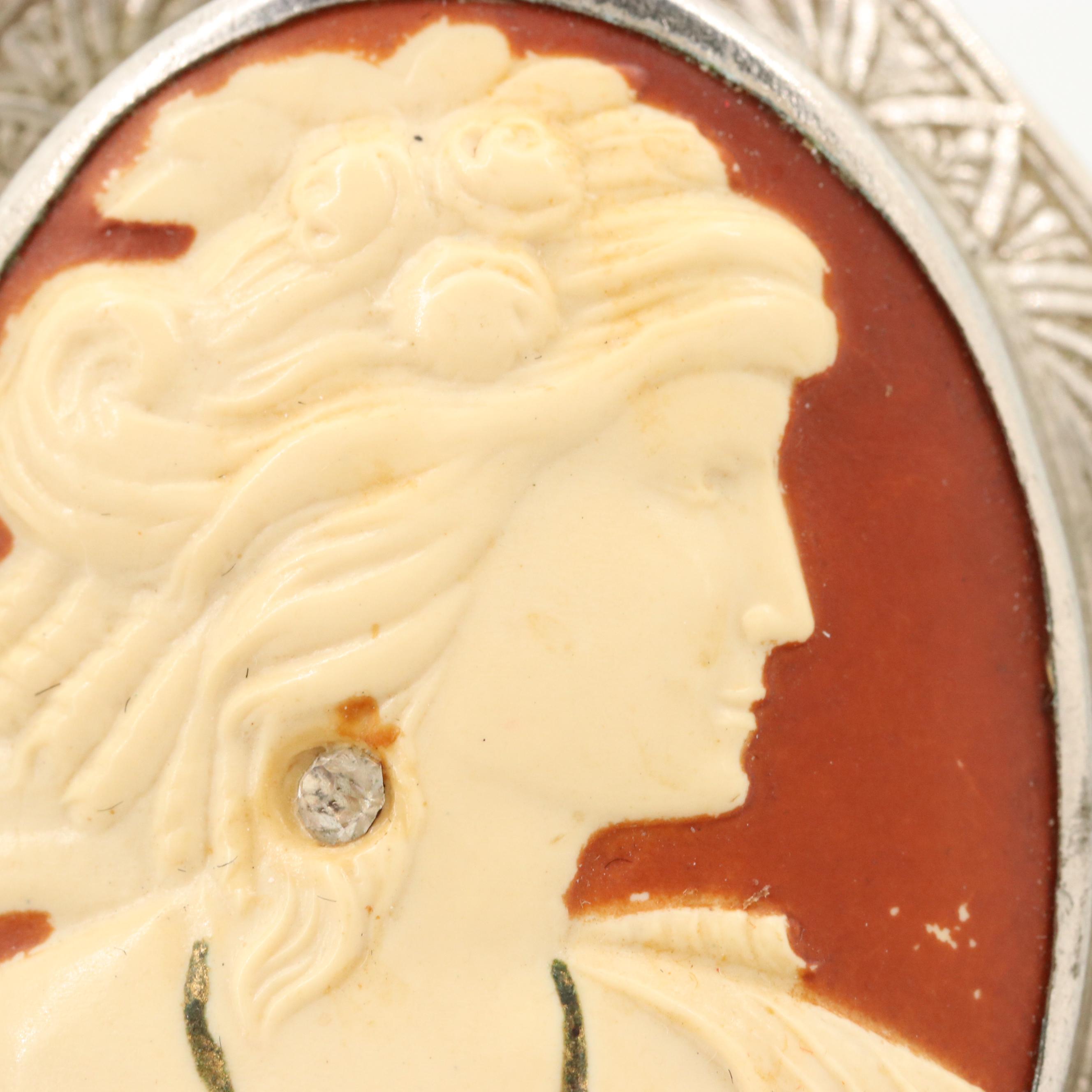 Vintage Brooches and Ribbon Including Damascene and Habillé Cameo