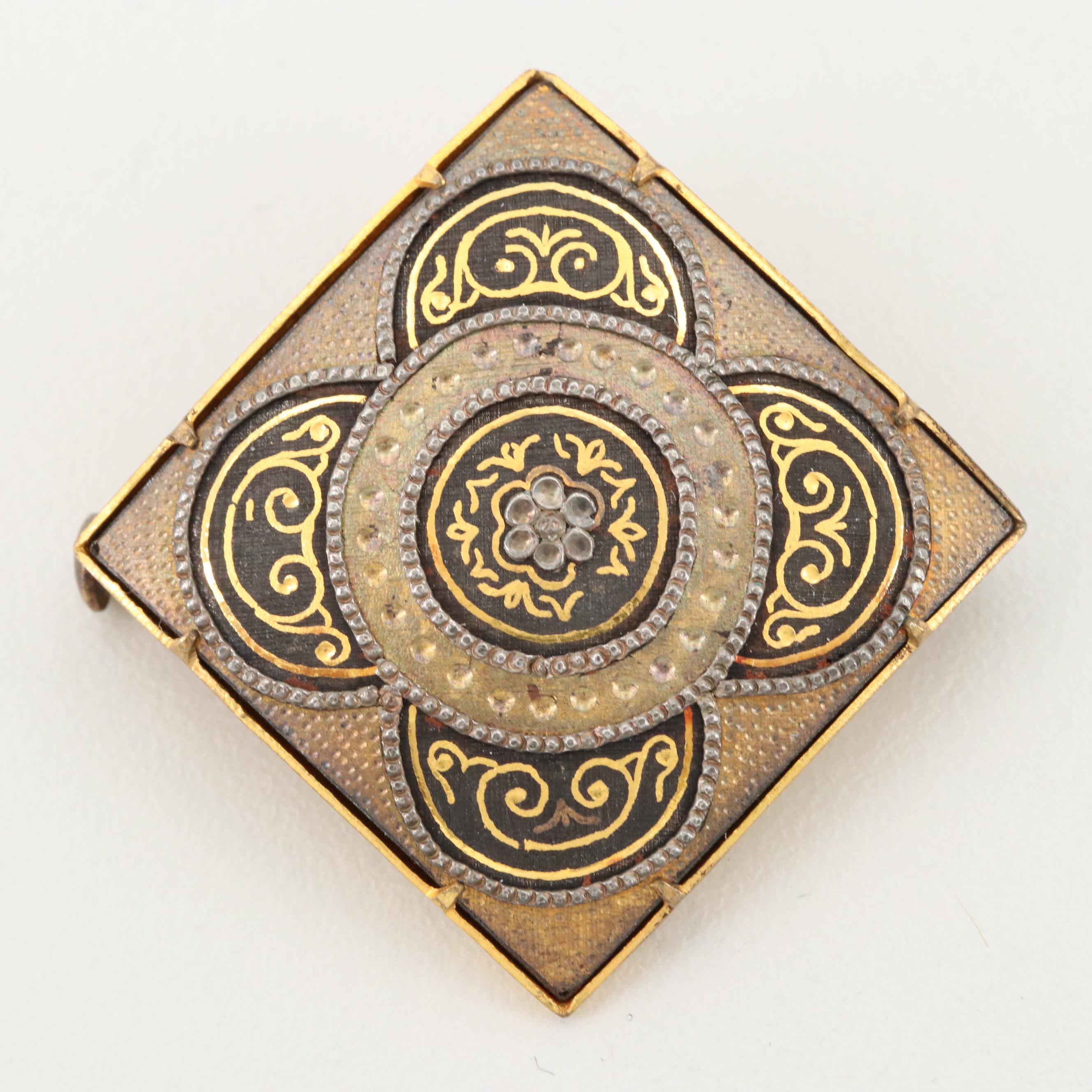 Vintage Brooches and Ribbon Including Damascene and Habillé Cameo