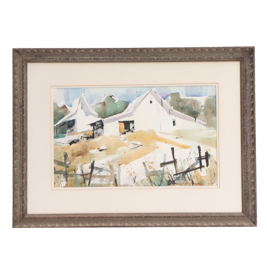 Don Dennis Abstract Watercolor Painting of Farm Buildings