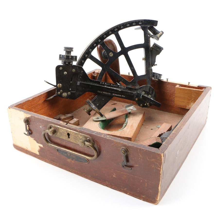 David White Co. Mark II Naval Sextant and Scope with Wooden Case, 1940s