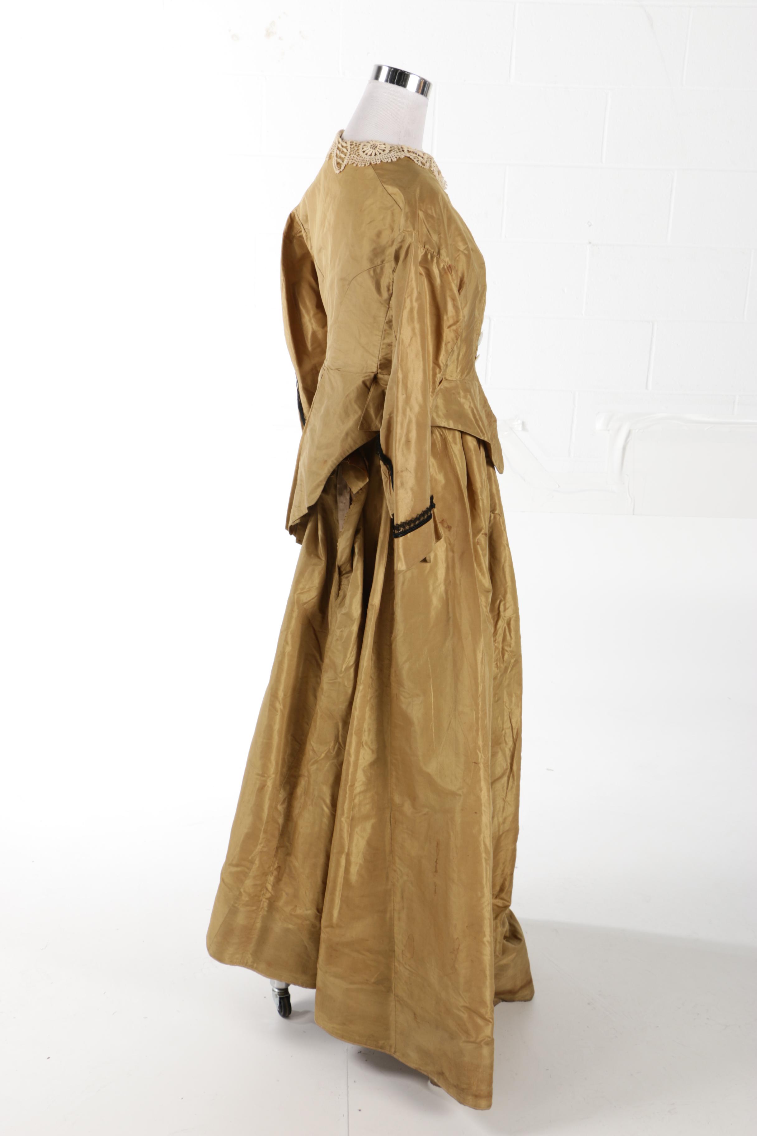 Reconstruction Era Taffeta Dress Set with Two Bodices, 1860s to 1870s