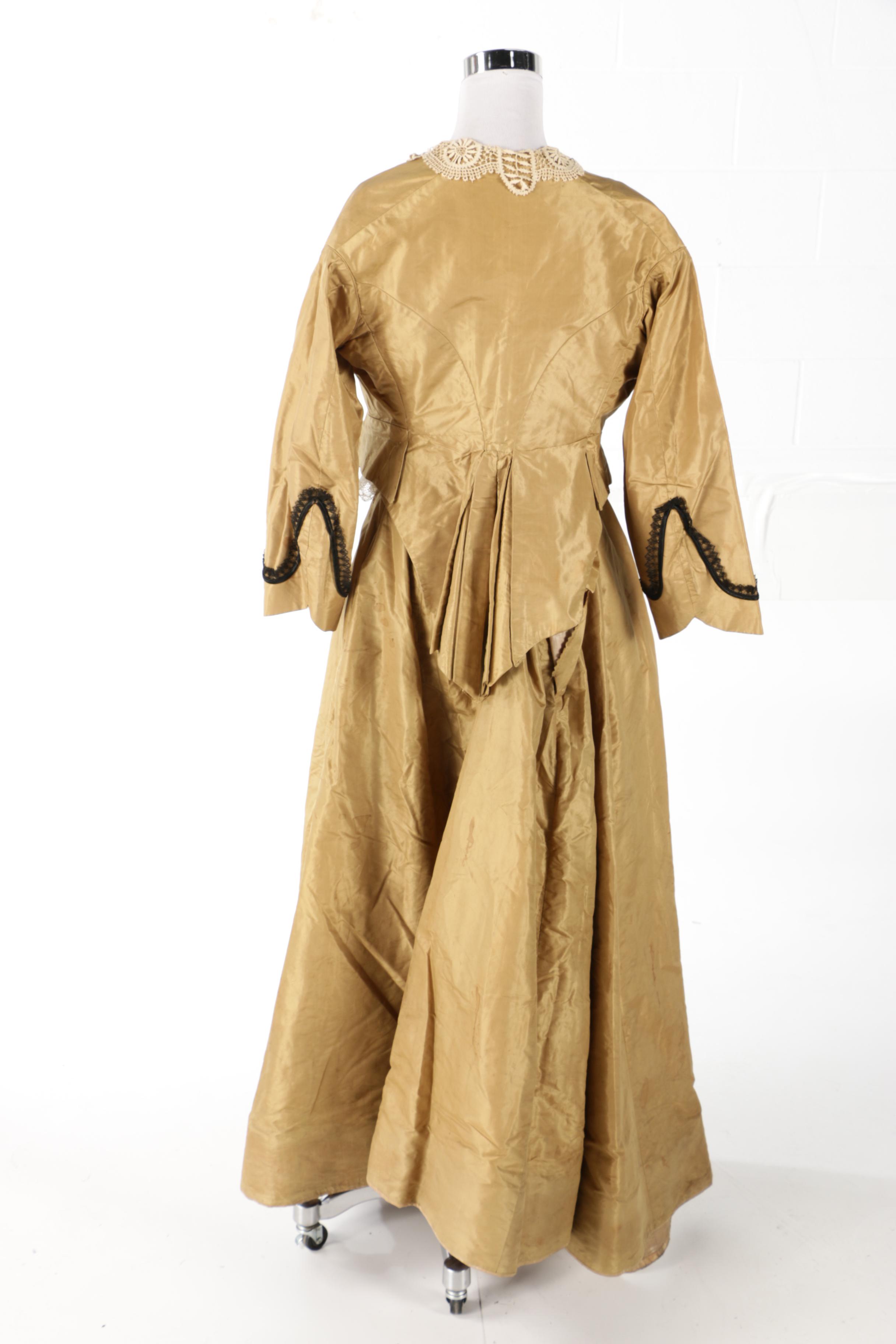 Reconstruction Era Taffeta Dress Set with Two Bodices, 1860s to 1870s