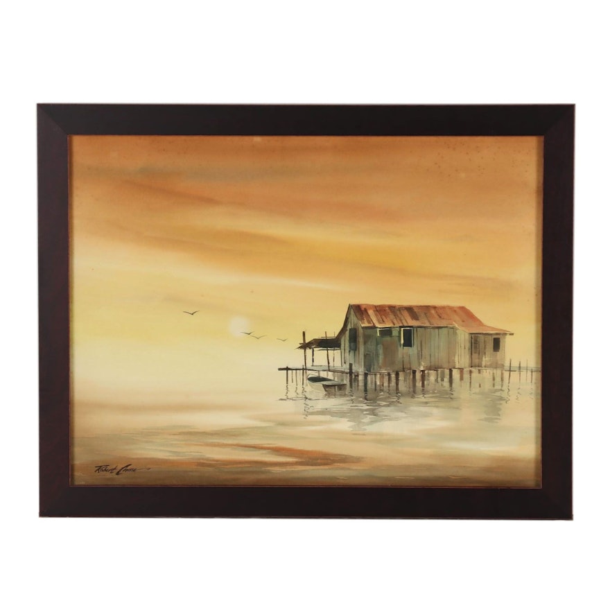 Robert Chase Watercolor Painting of Sunset Harbor Scene