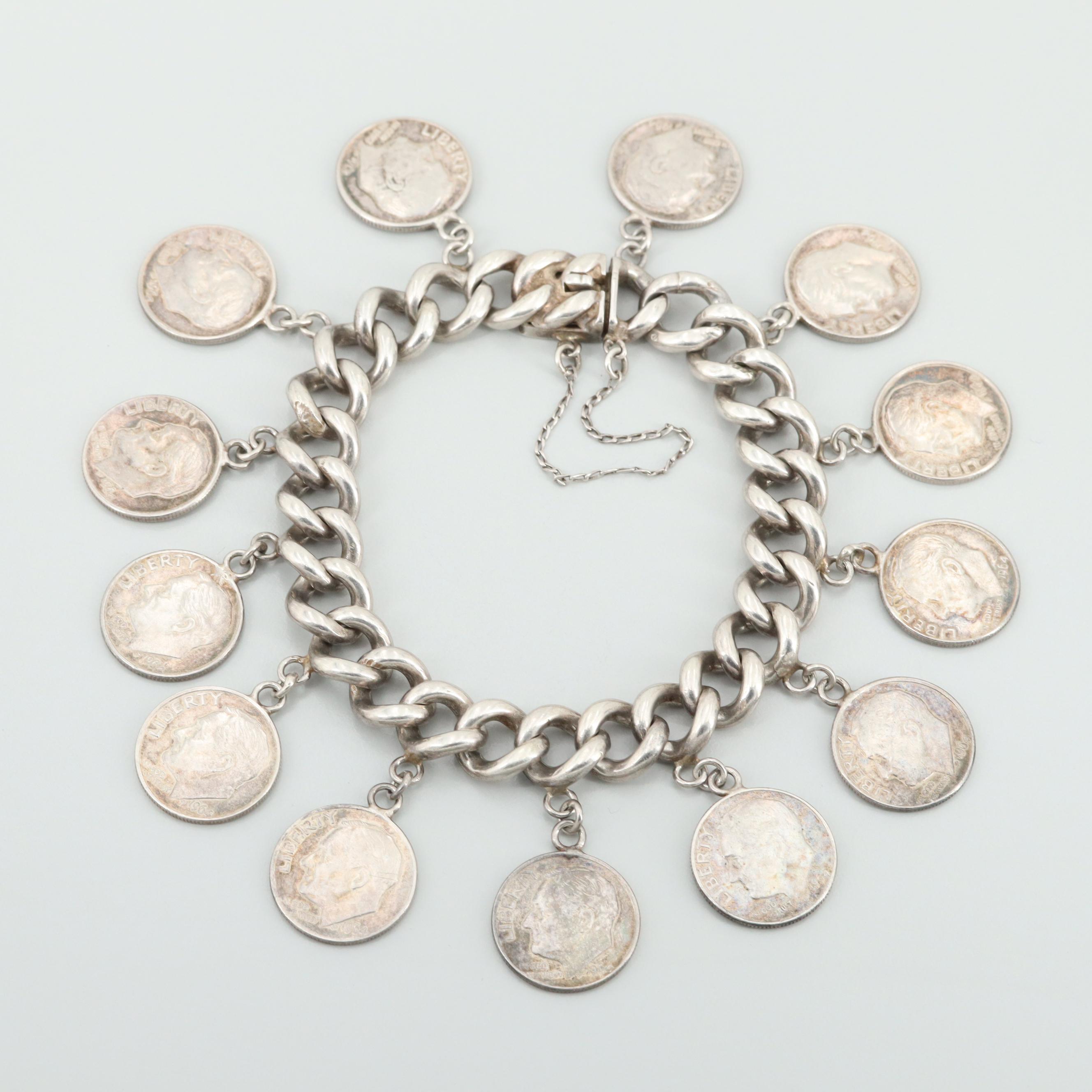 Sterling Silver Link Charm Bracelet with 1963 - 64 Silver Roosevelt Dimes
