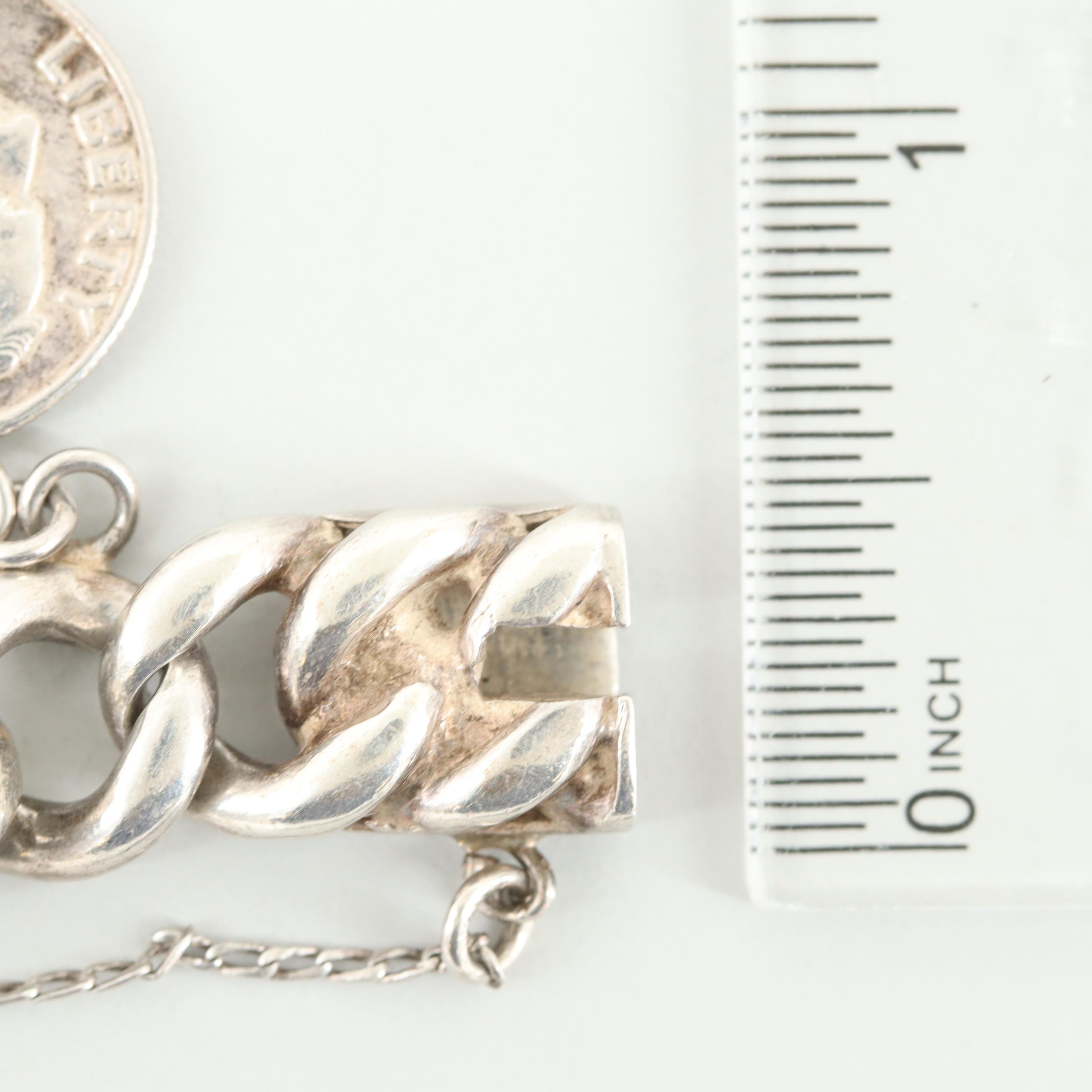 Sterling Silver Link Charm Bracelet with 1963 - 64 Silver Roosevelt Dimes