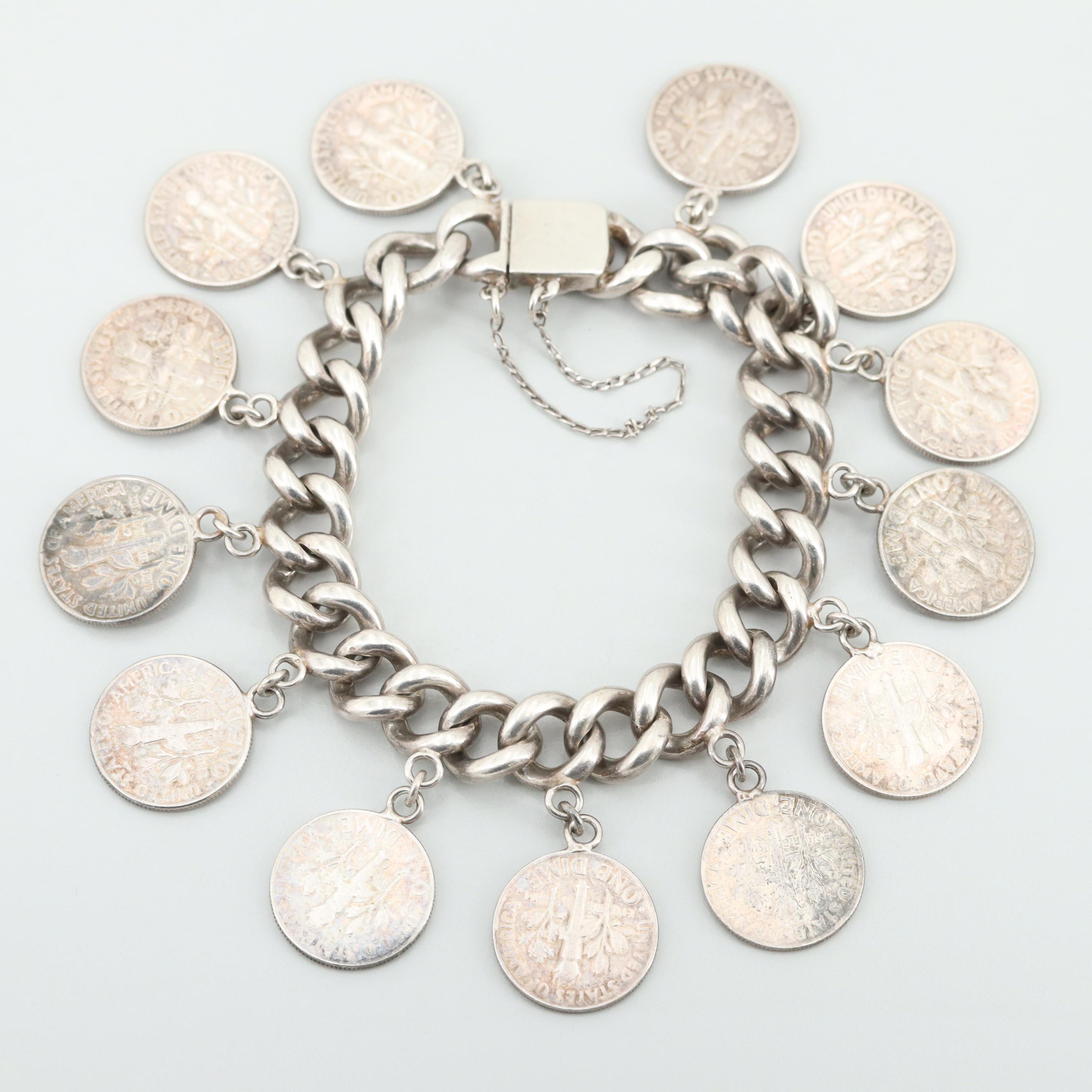 Sterling Silver Link Charm Bracelet with 1963 - 64 Silver Roosevelt Dimes