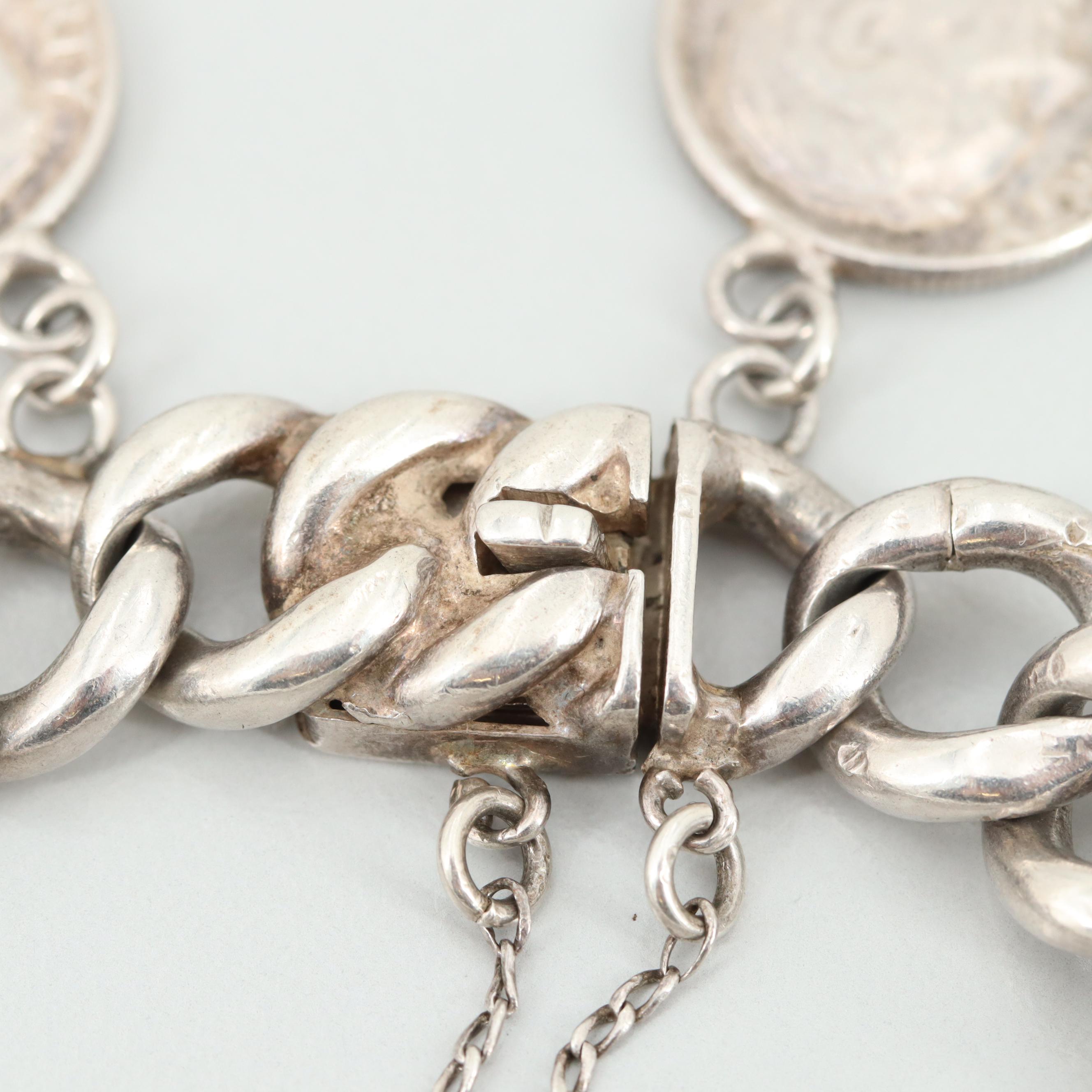 Sterling Silver Link Charm Bracelet with 1963 - 64 Silver Roosevelt Dimes