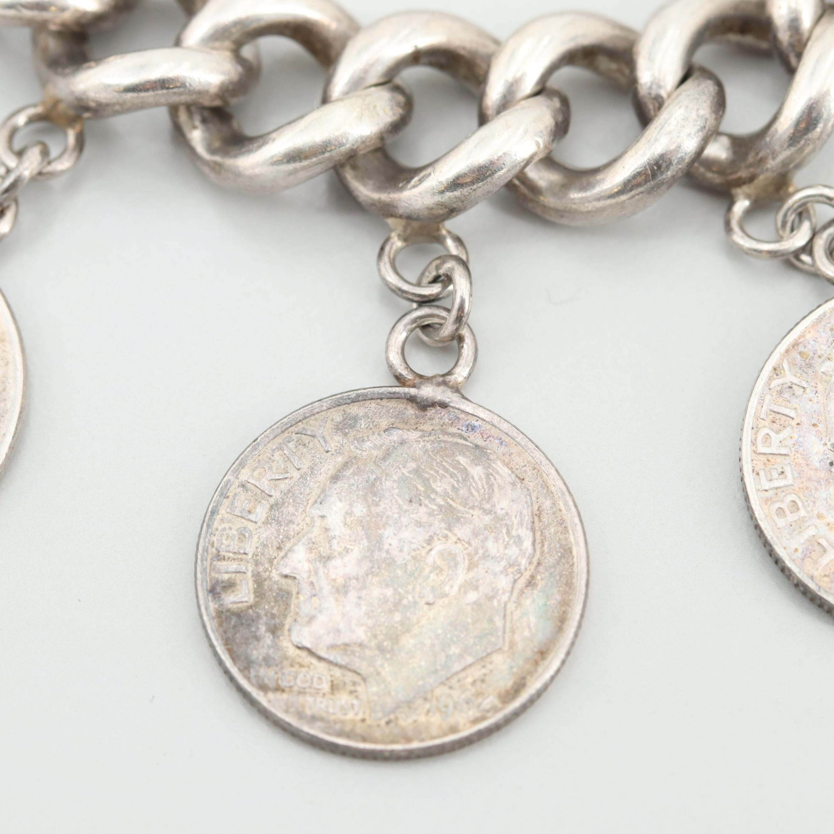 Sterling Silver Link Charm Bracelet with 1963 - 64 Silver Roosevelt Dimes
