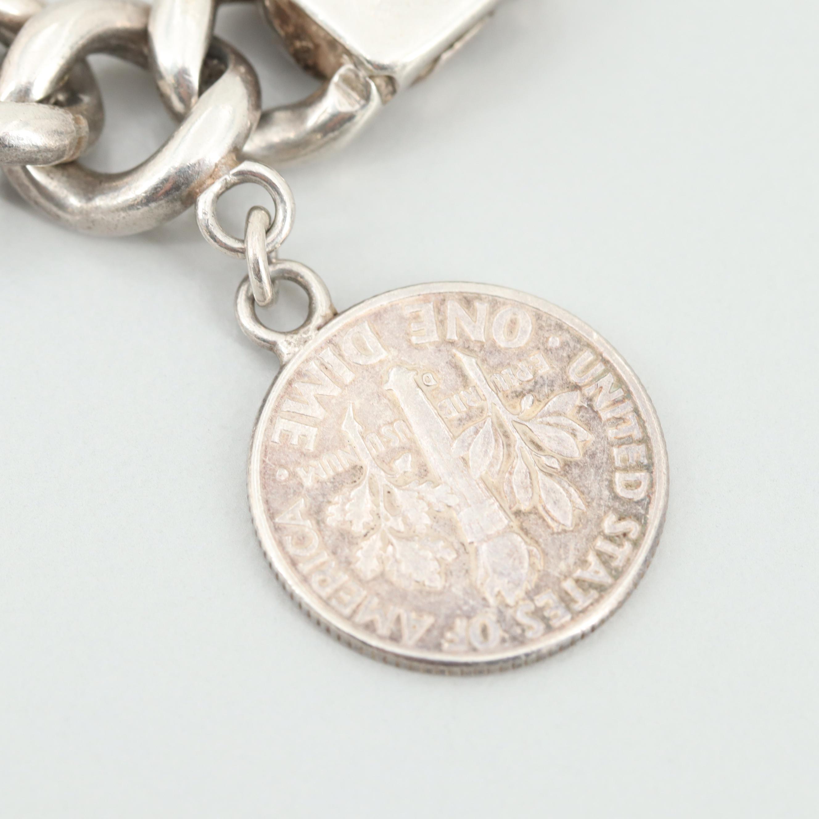 Sterling Silver Link Charm Bracelet with 1963 - 64 Silver Roosevelt Dimes