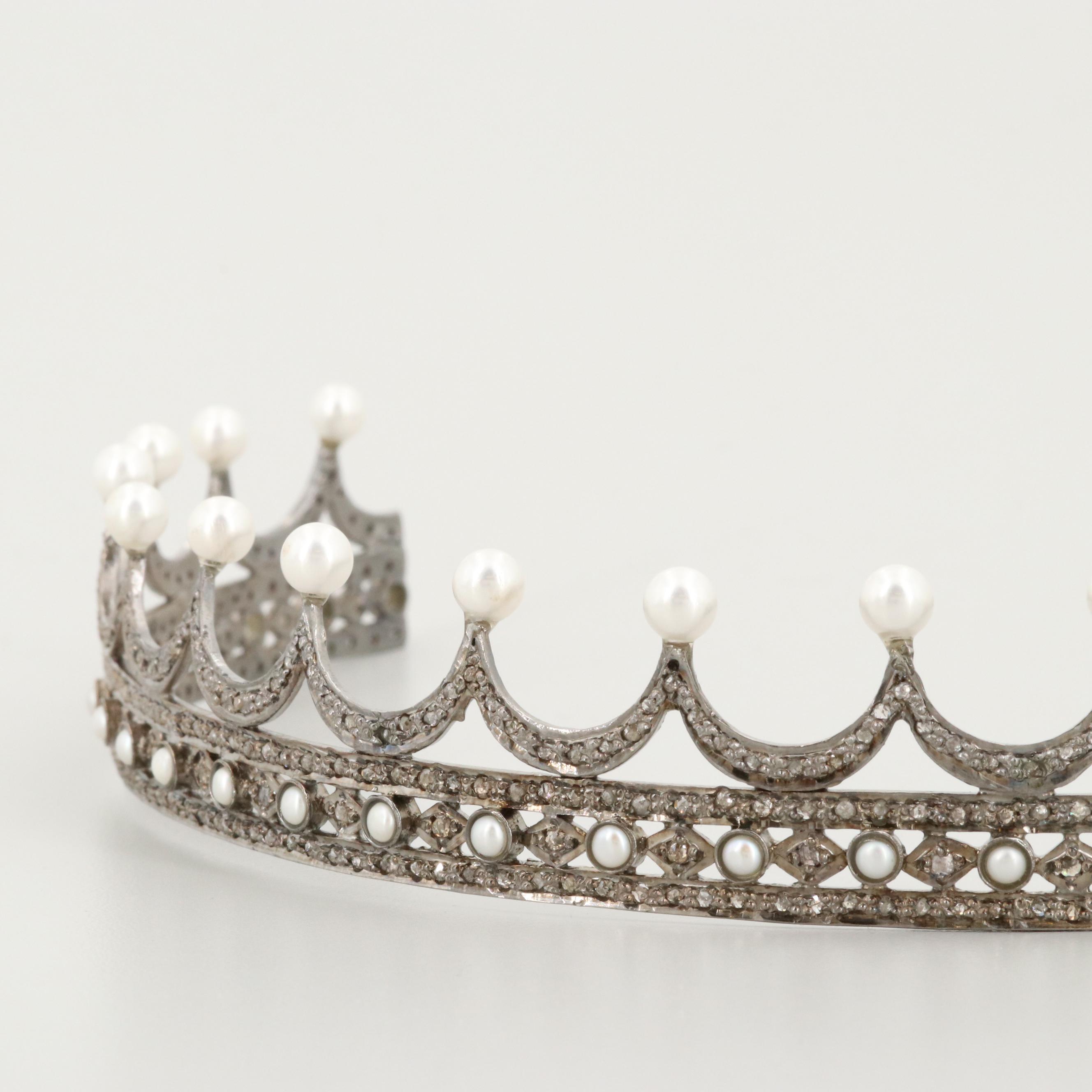 Vintage Tiara with Cultured Pearls and Diamonds