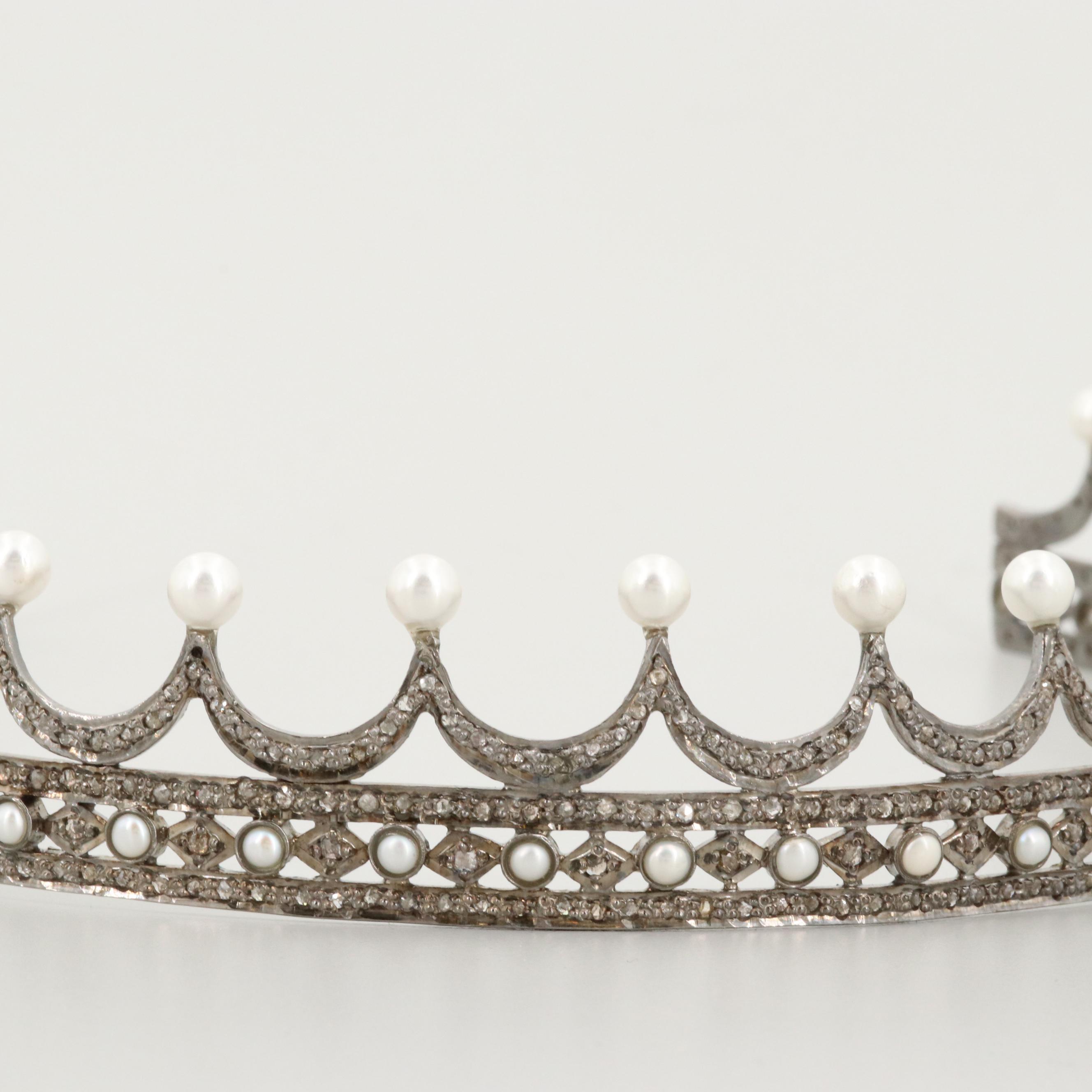Vintage Tiara with Cultured Pearls and Diamonds