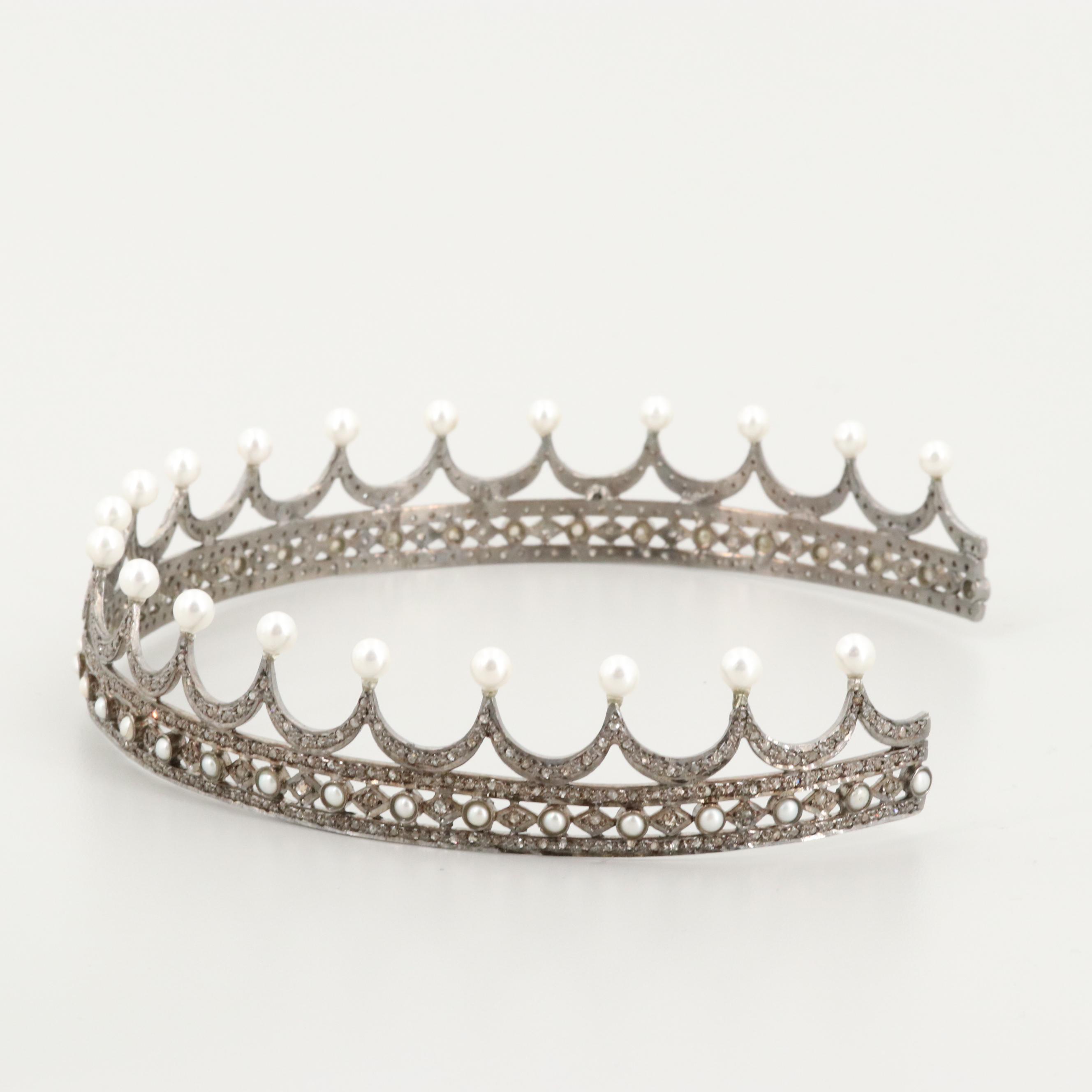 Vintage Tiara with Cultured Pearls and Diamonds