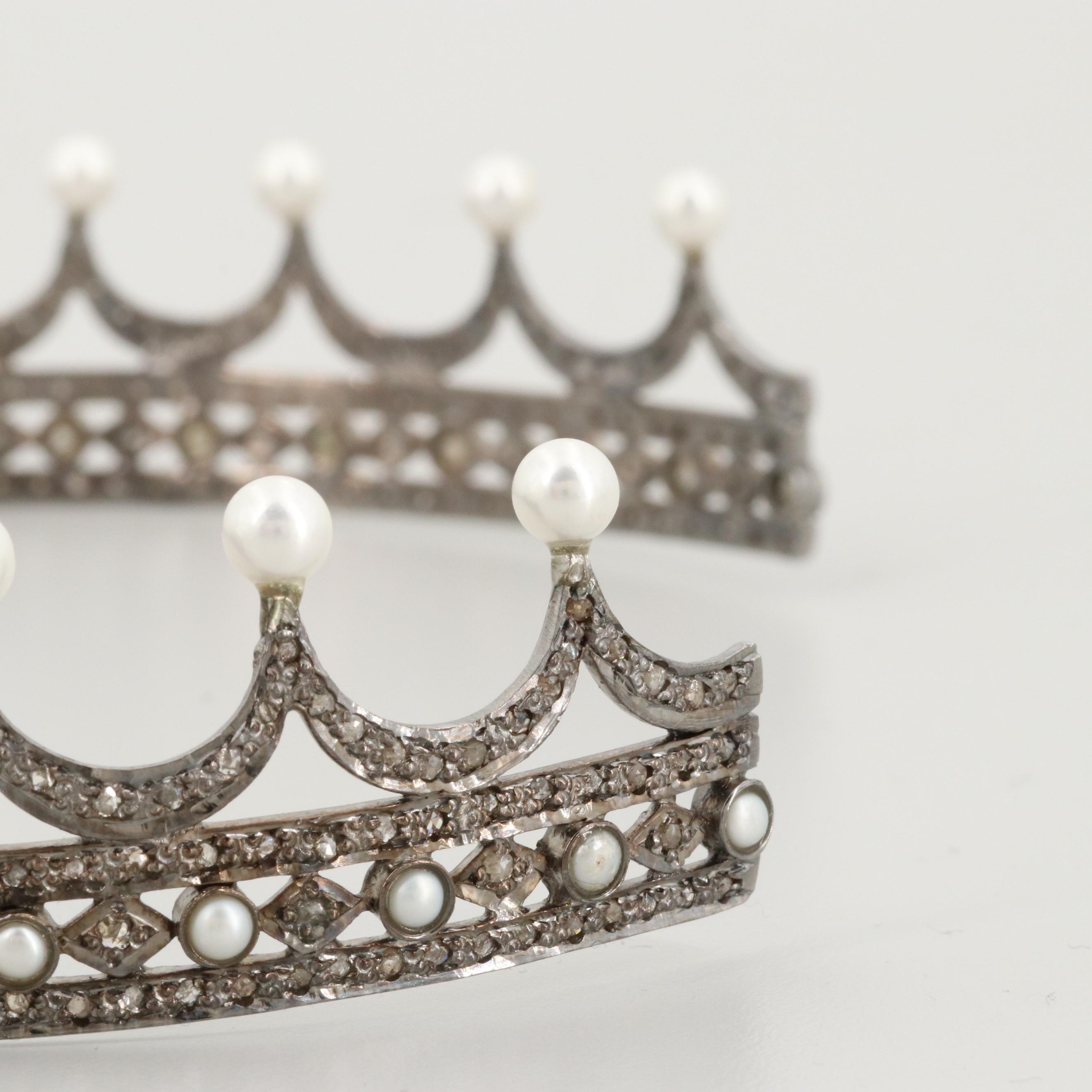 Vintage Tiara with Cultured Pearls and Diamonds