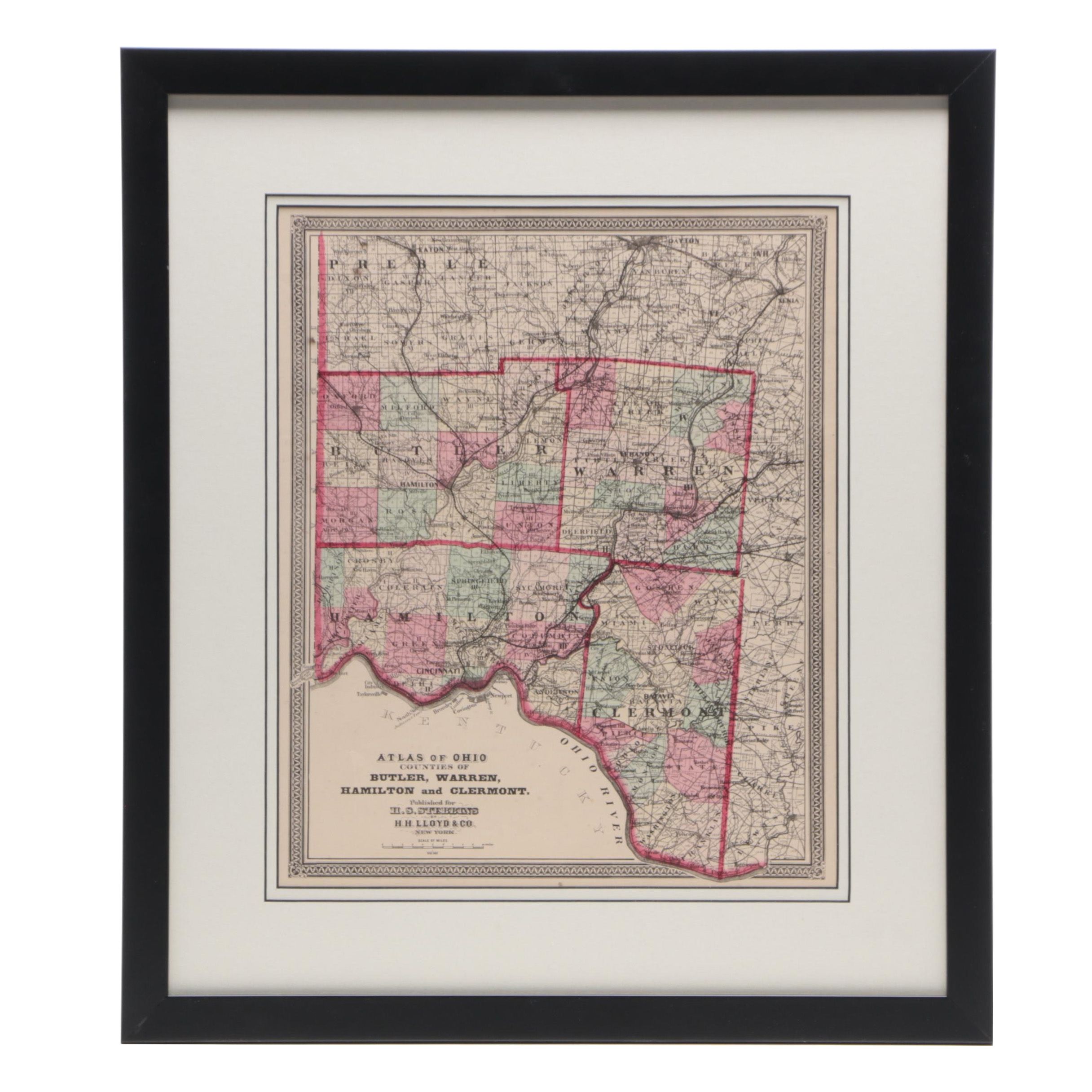 1865 Hand-Tinted Map of Southwest Ohio, Framed