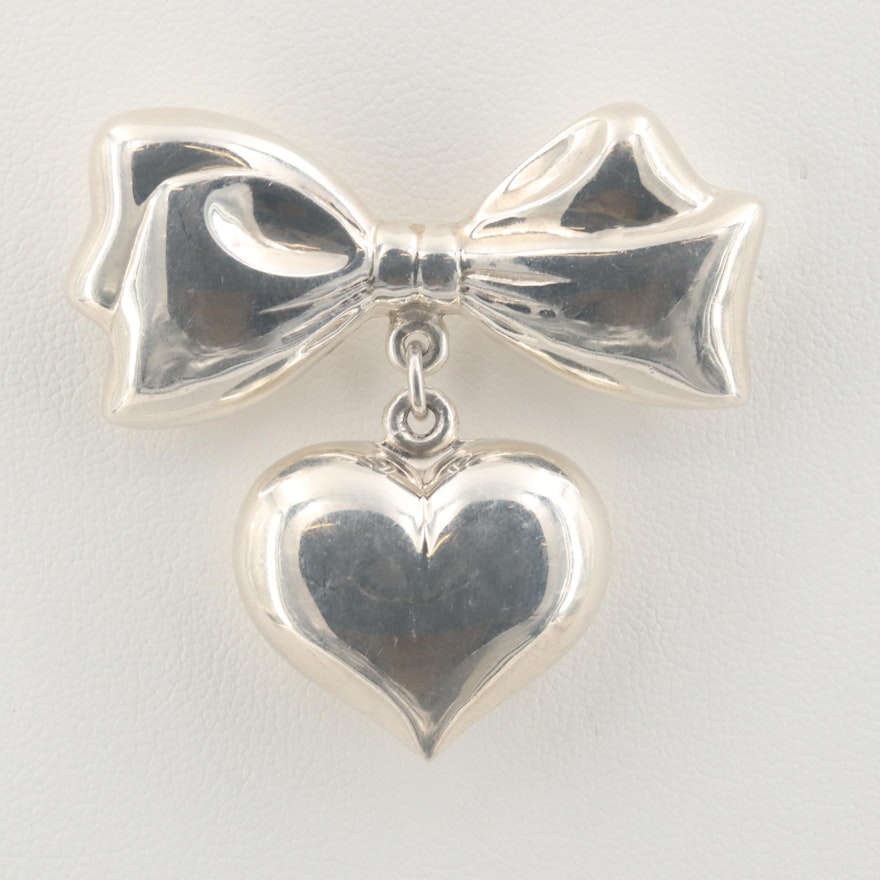 Sterling Silver Bow and Heart Brooch