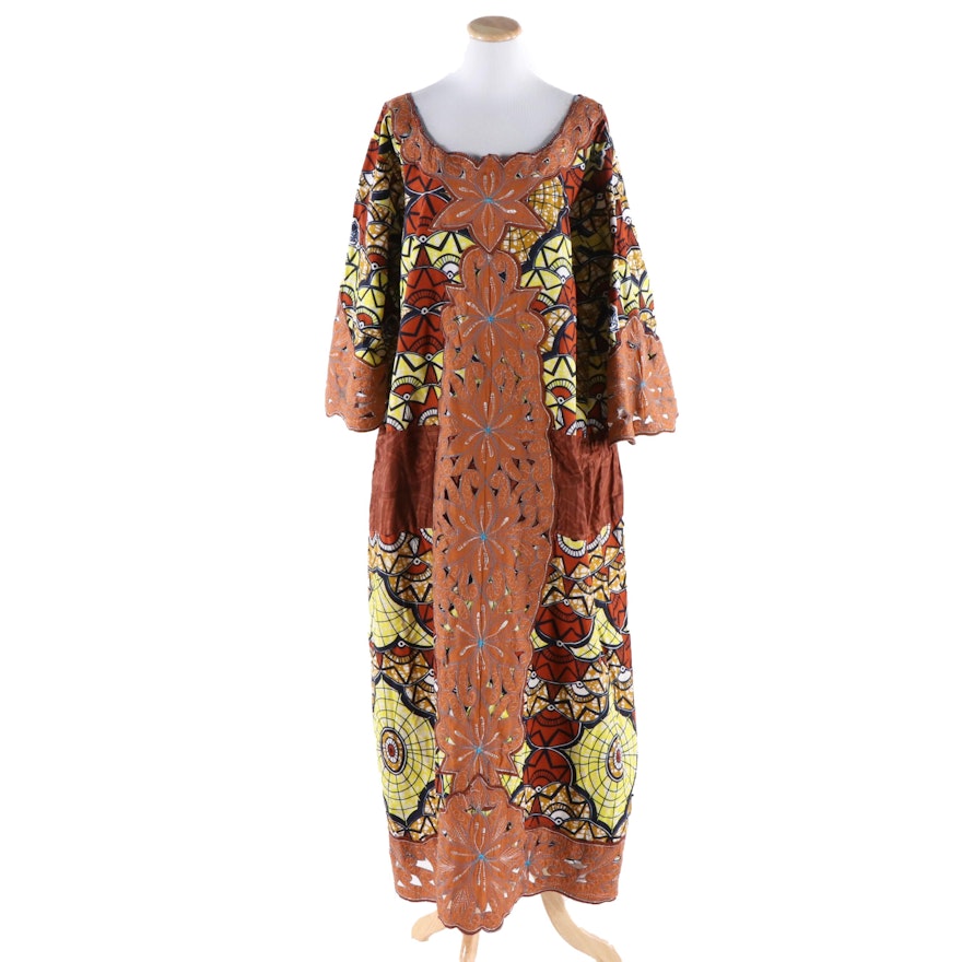 African Wax Print Maxi Tunic Dress with Machine Stitched Appliqué