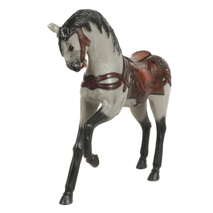 Hand-Carved and Painted Wooden Horse Sculpture