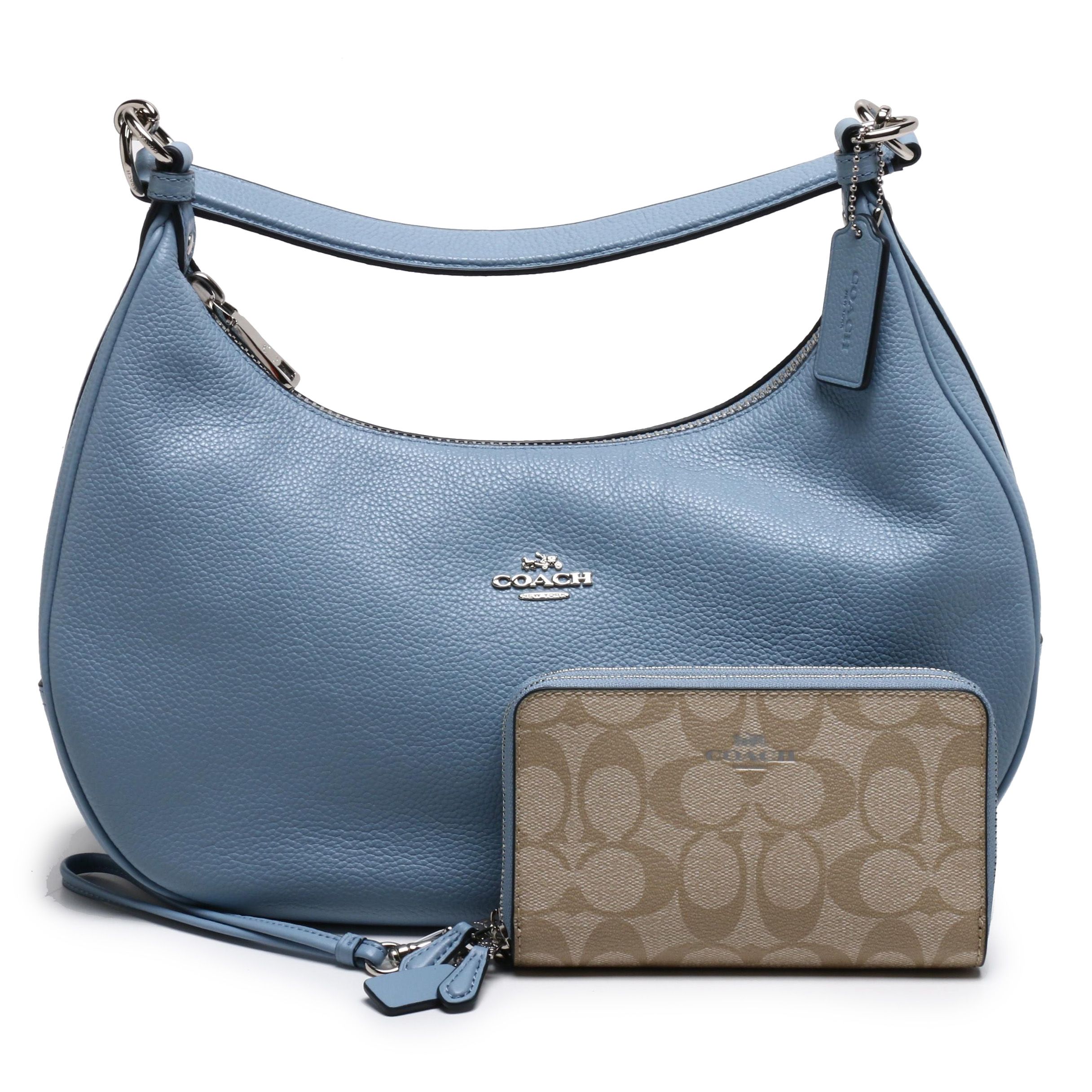 Coach Cornflower Blue Pebbled Leather Harley East West Hobo Bag with Wallet