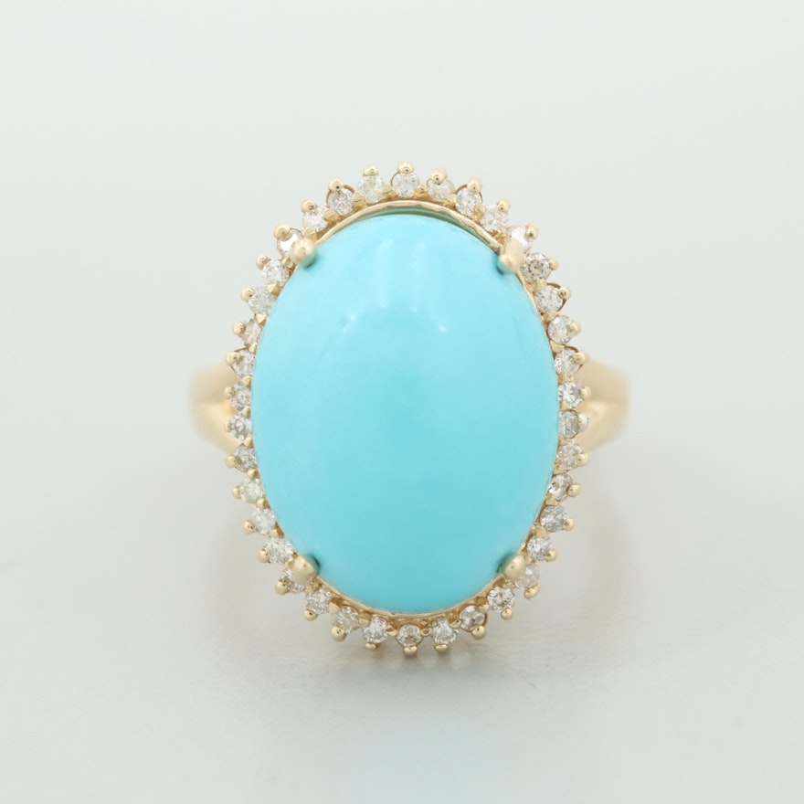 Vintage 14K Yellow Gold Turquoise and Diamond Halo Ring