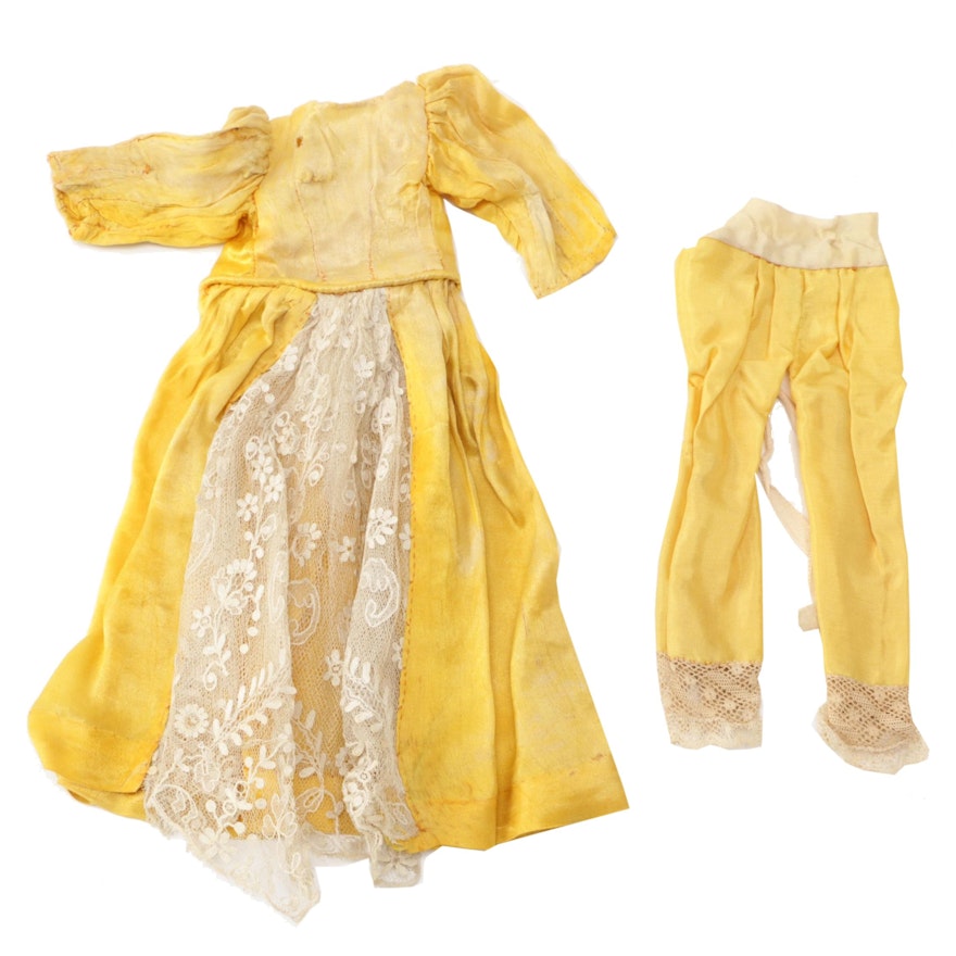 Yellow Silk Doll Dress with Floral Lace and Pantaloons