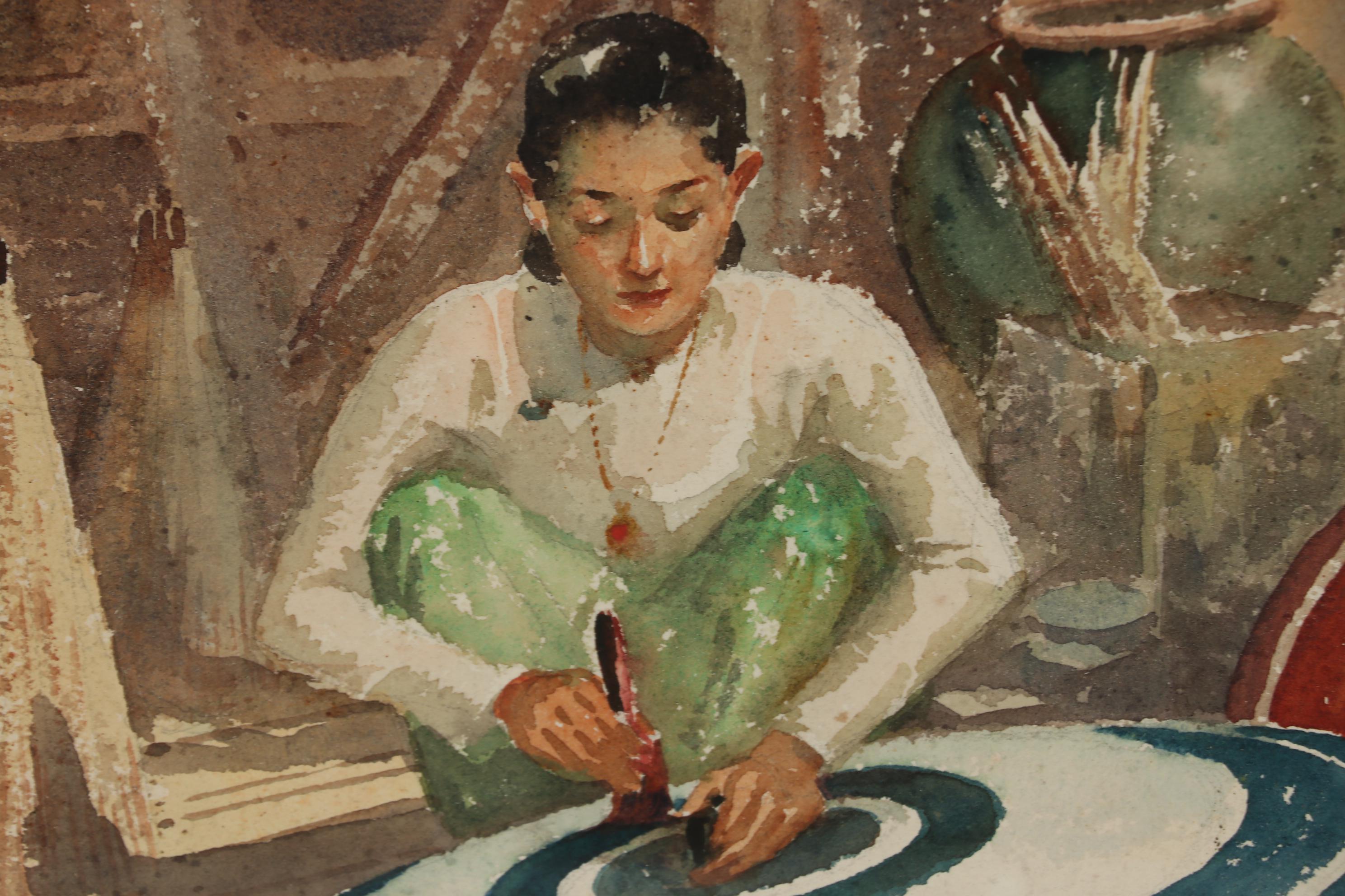 Ngwe Gaing Watercolor Painting of Burmese Artisan