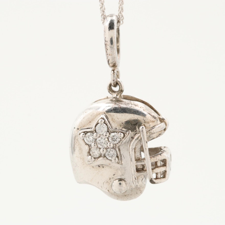 Sterling Silver Diamond Star Football Helmet Pendant with 14K Gold Necklace