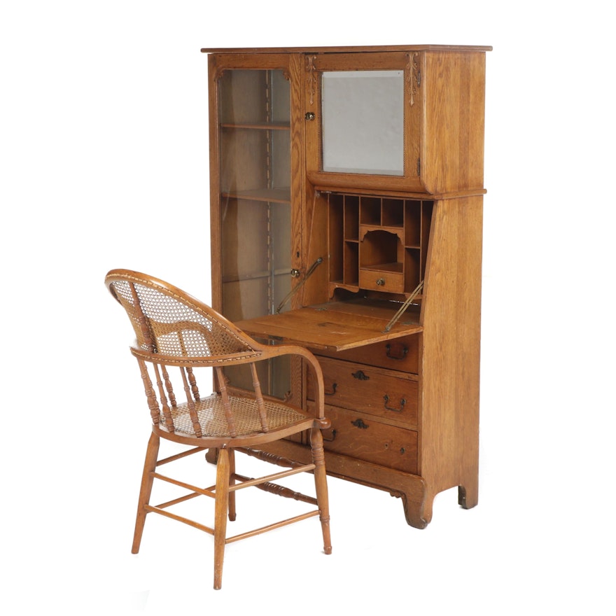 Victorian Oak Drop Front Secretary Desk with Caned Armchair, 19th/20th Century