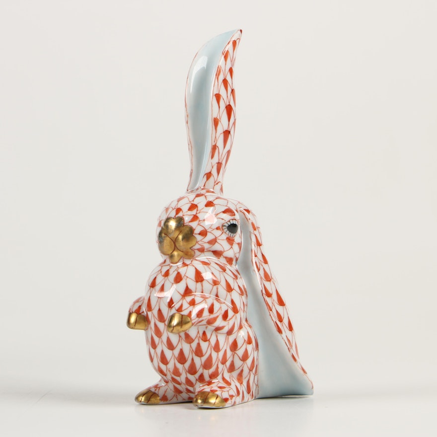 Herend Rust Fishnet with Gold "Rabbit with One Ear Up" Porcelain Figurine