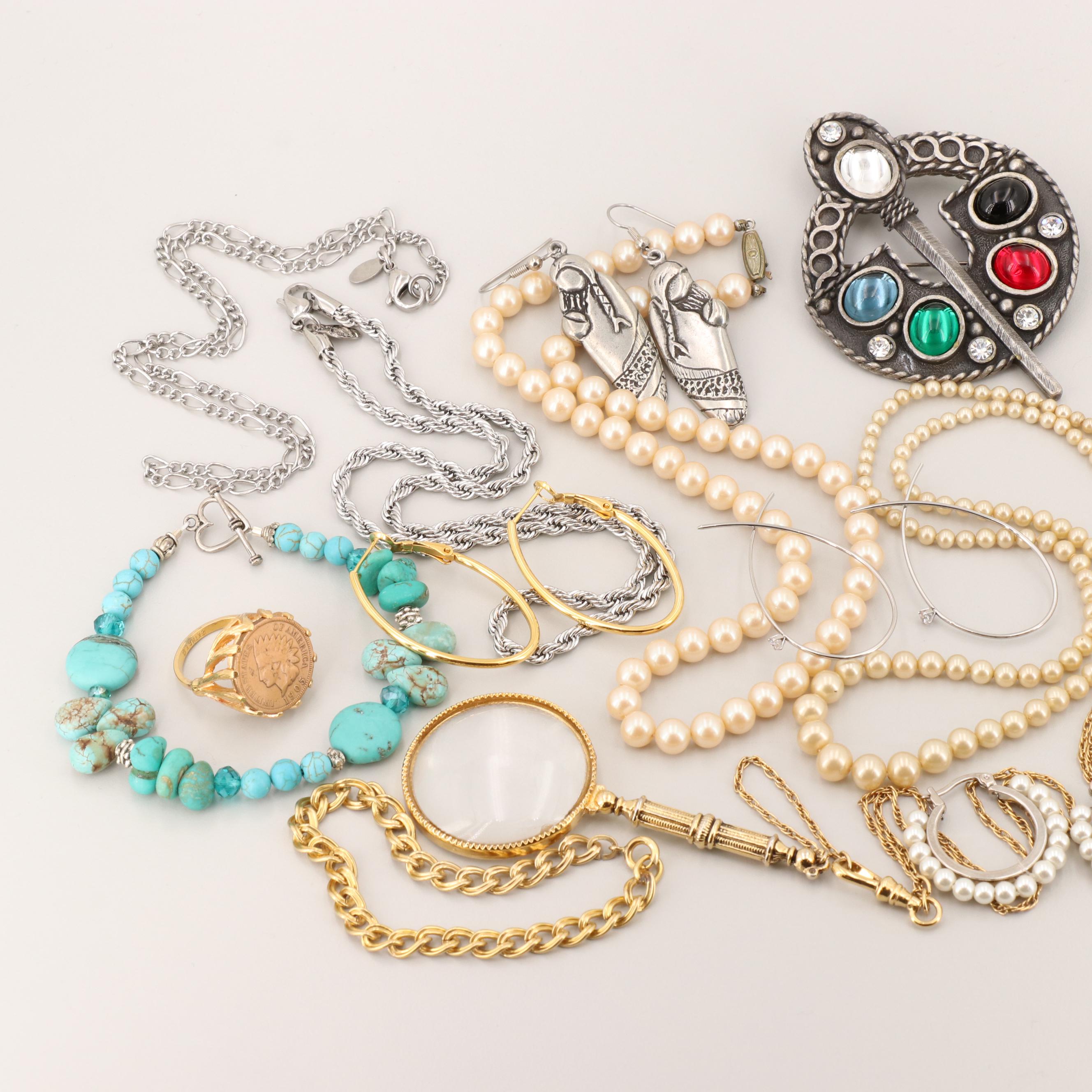 Gold and Silver Tone Glass and Magnesite Jewelry Including Laurel Burch