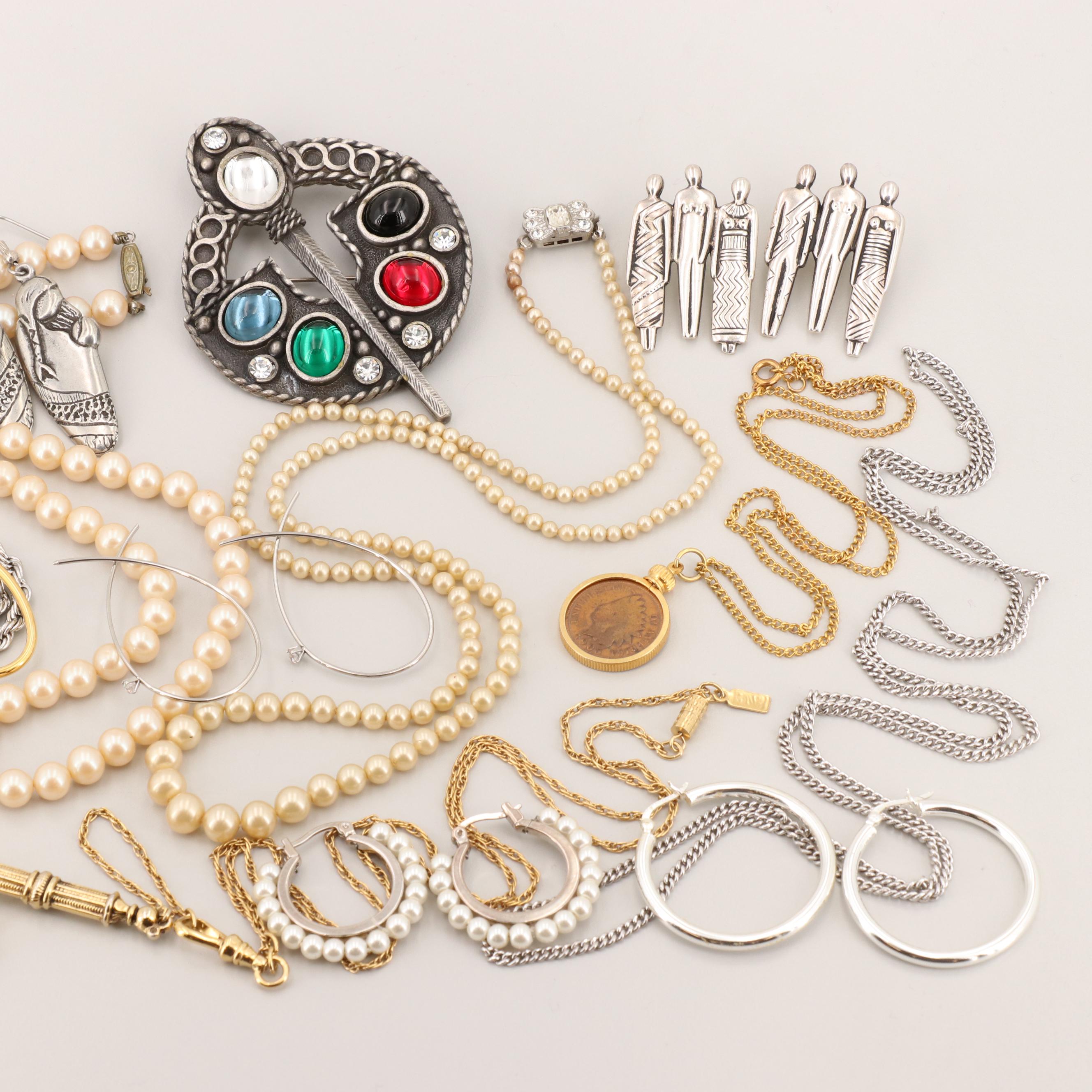 Gold and Silver Tone Glass and Magnesite Jewelry Including Laurel Burch