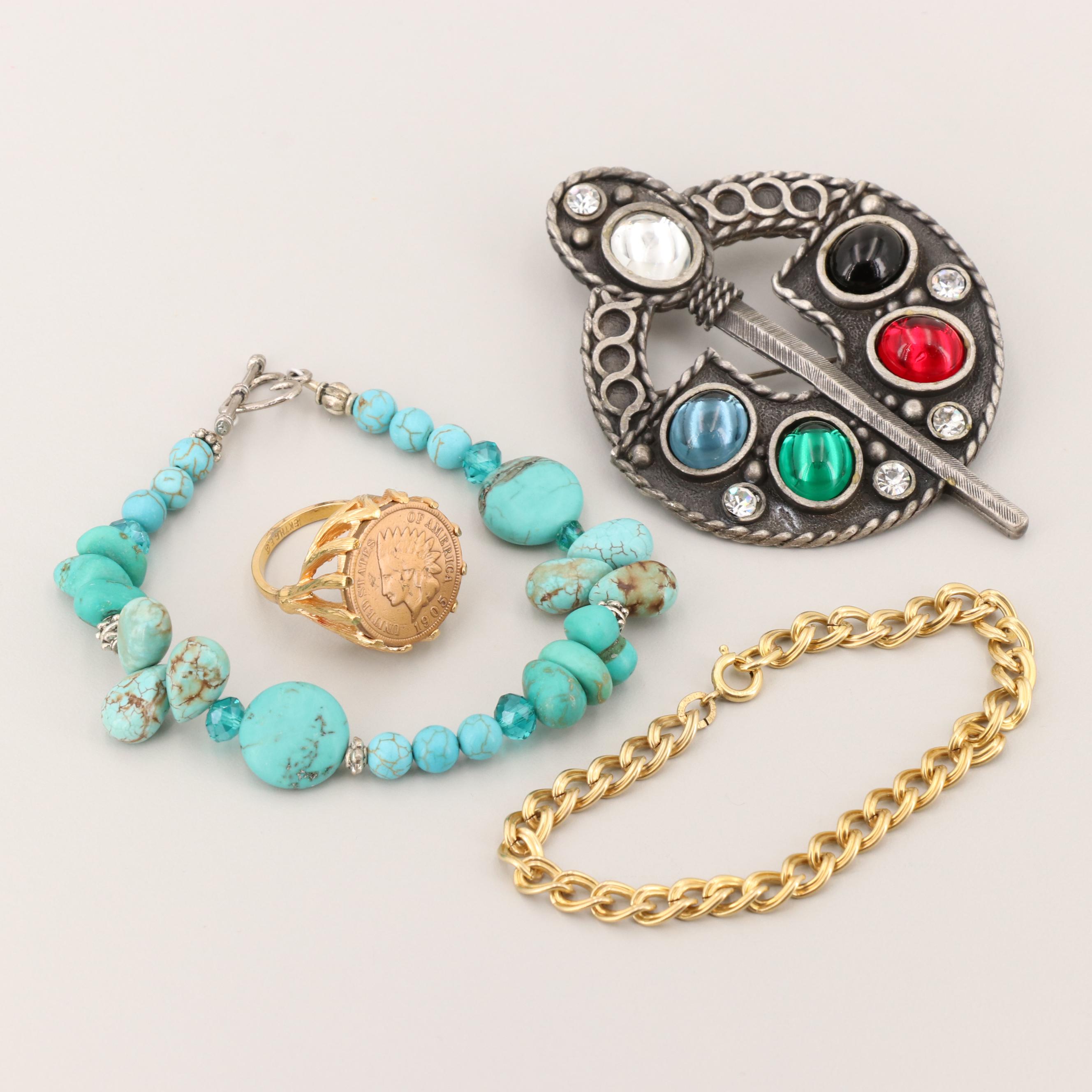 Gold and Silver Tone Glass and Magnesite Jewelry Including Laurel Burch